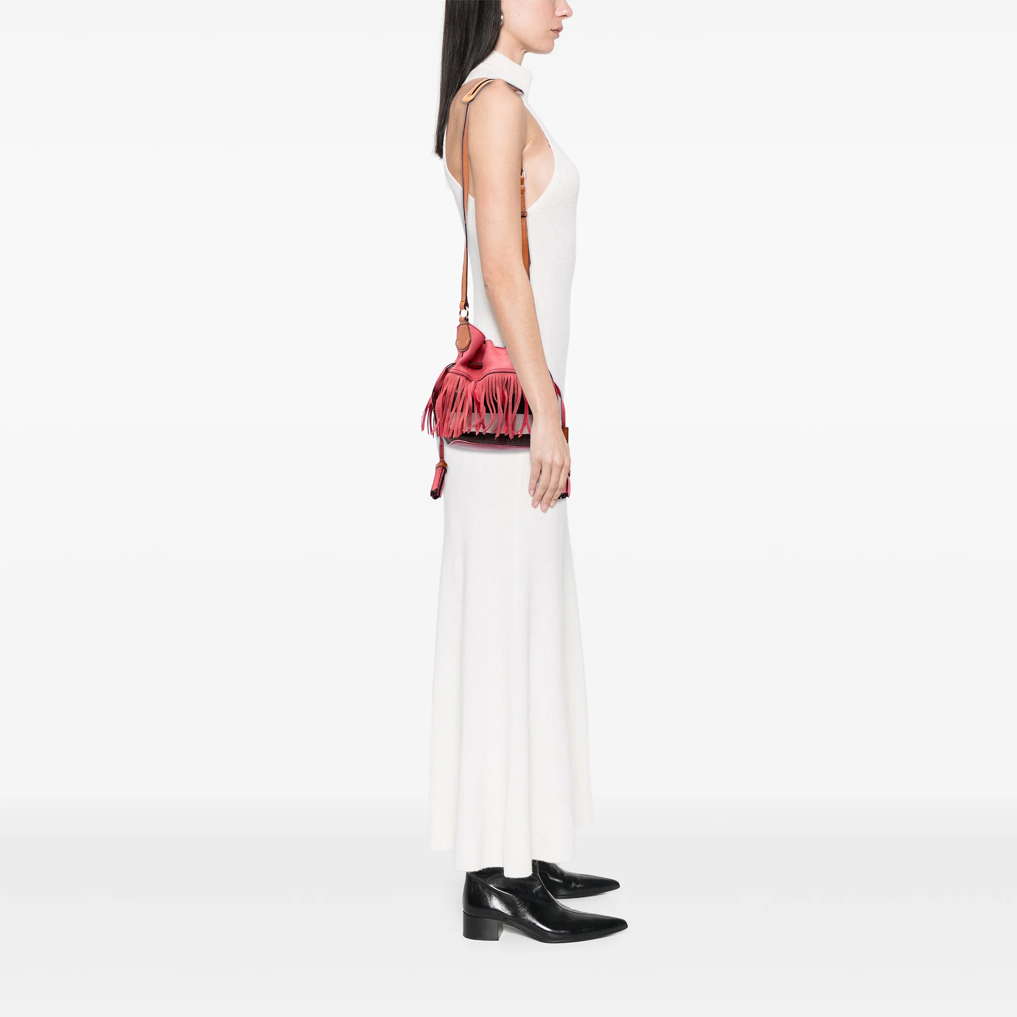 Burberry | Pre-Owned Small Mega Check Canvas and Suede Fringe Belgrove Bucket Bag | Red - Image 4