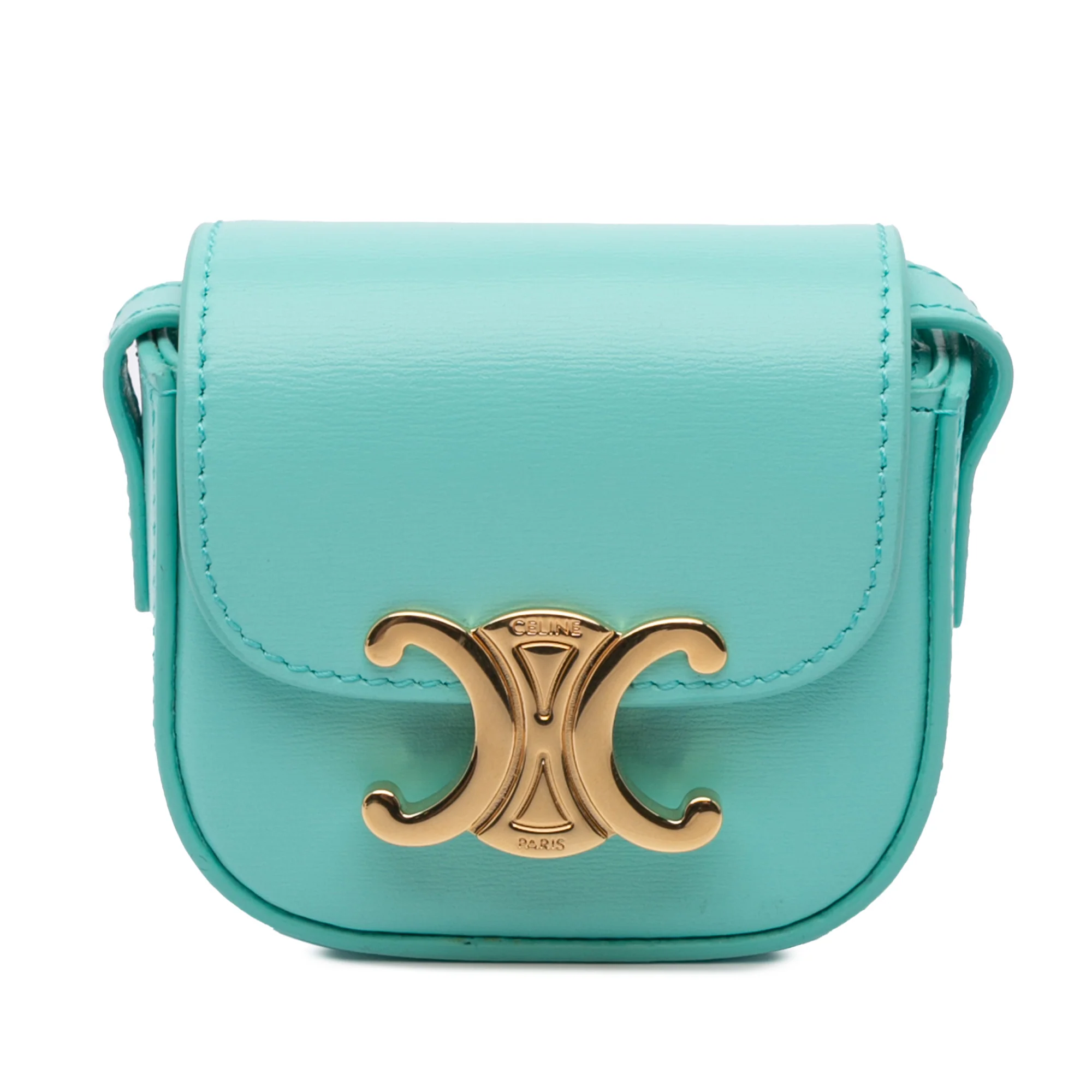 Celine | Pre-Owned Leather Triomphe AirPods Case with Strap | Blue/Turquoise