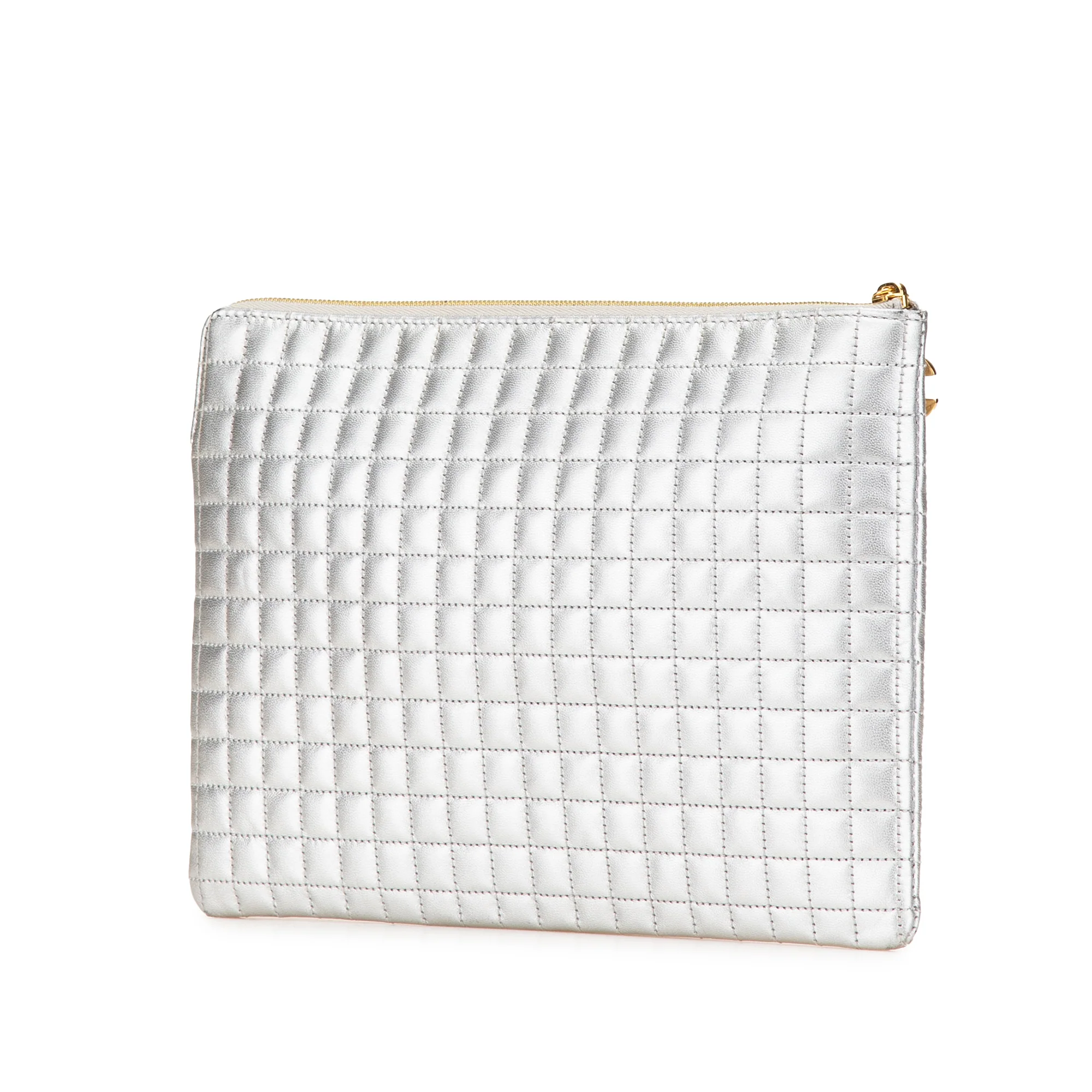 Celine | Pre-Owned Quilted Metallic Calfskin C Charm Pouch | Silver - Image 4