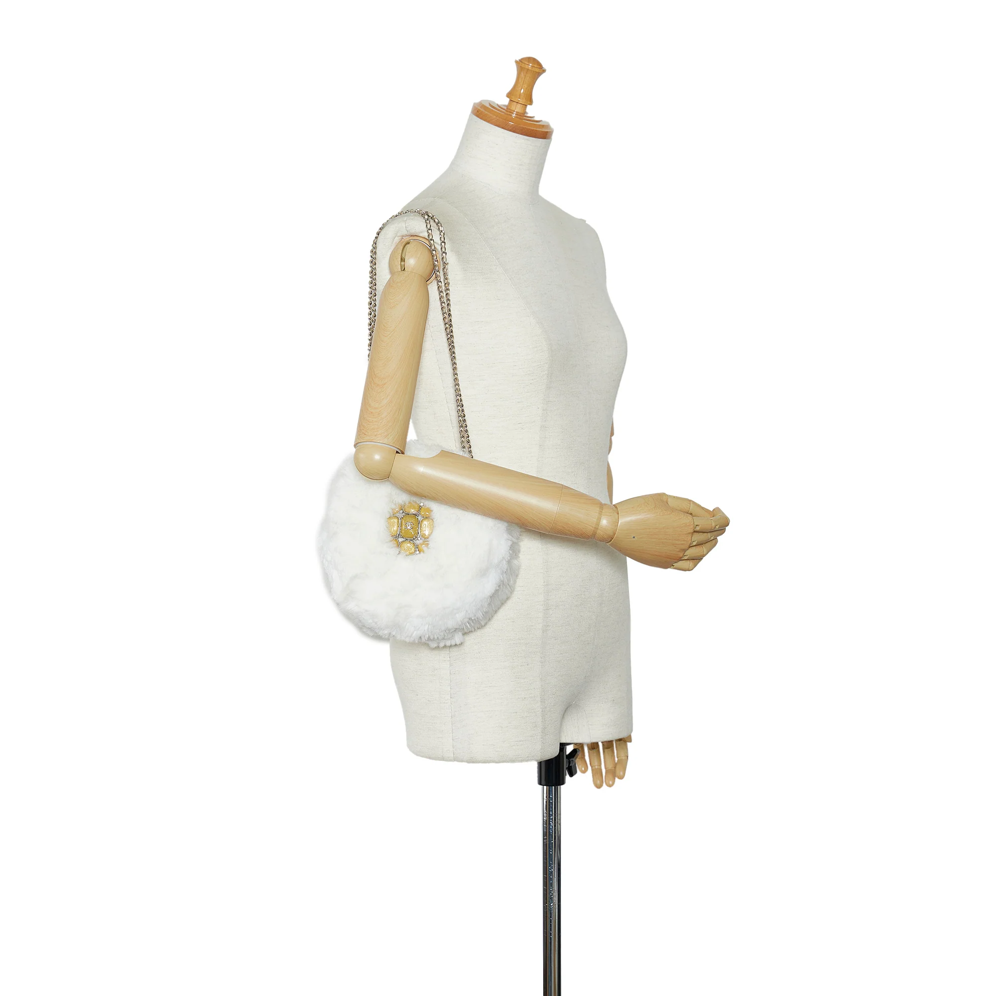 Chanel | Pre-Owned CC Crystal Embellished Faux Fur Round Crossbody | White - Image 3