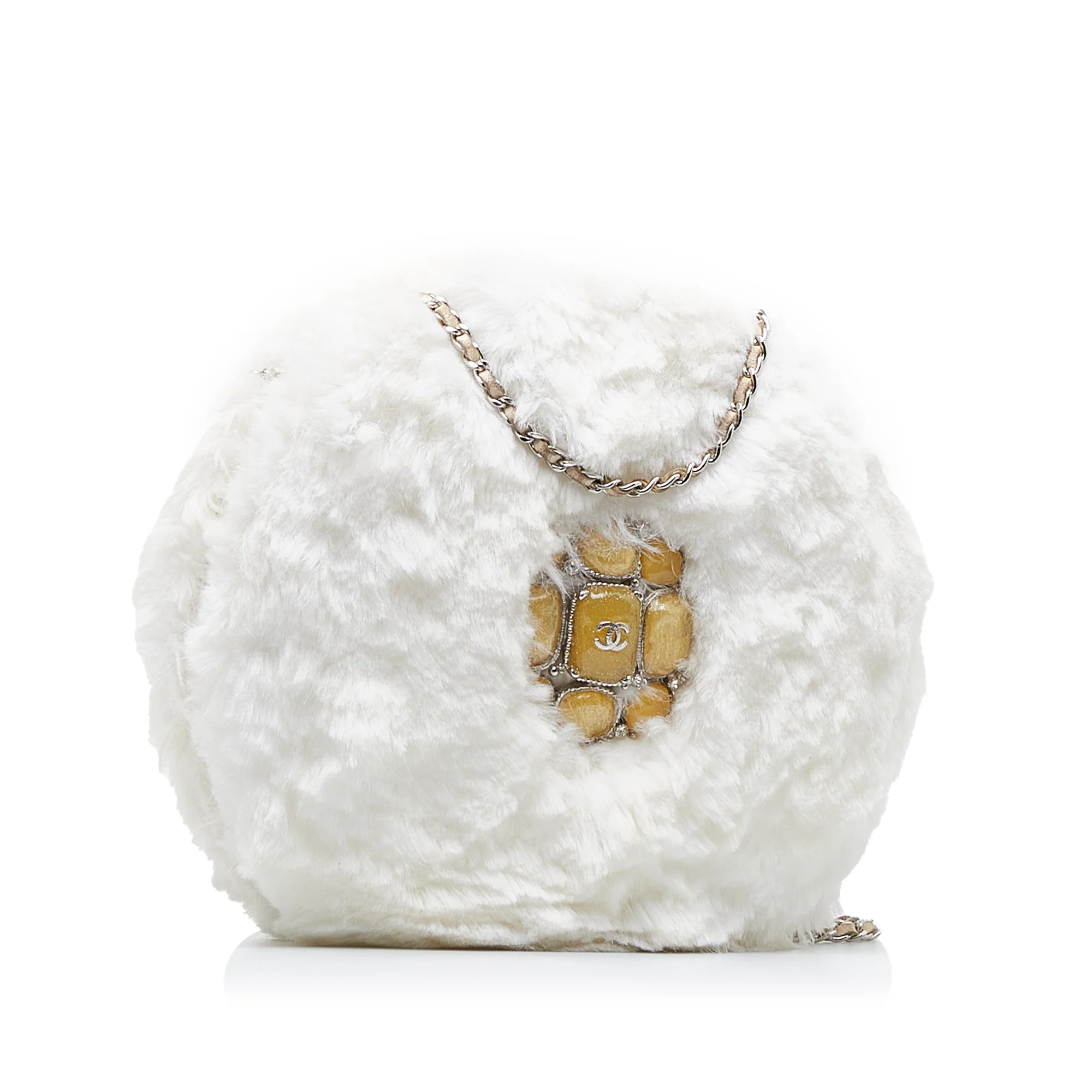 Chanel | Pre-Owned CC Crystal Embellished Faux Fur Round Crossbody | White - Image 4