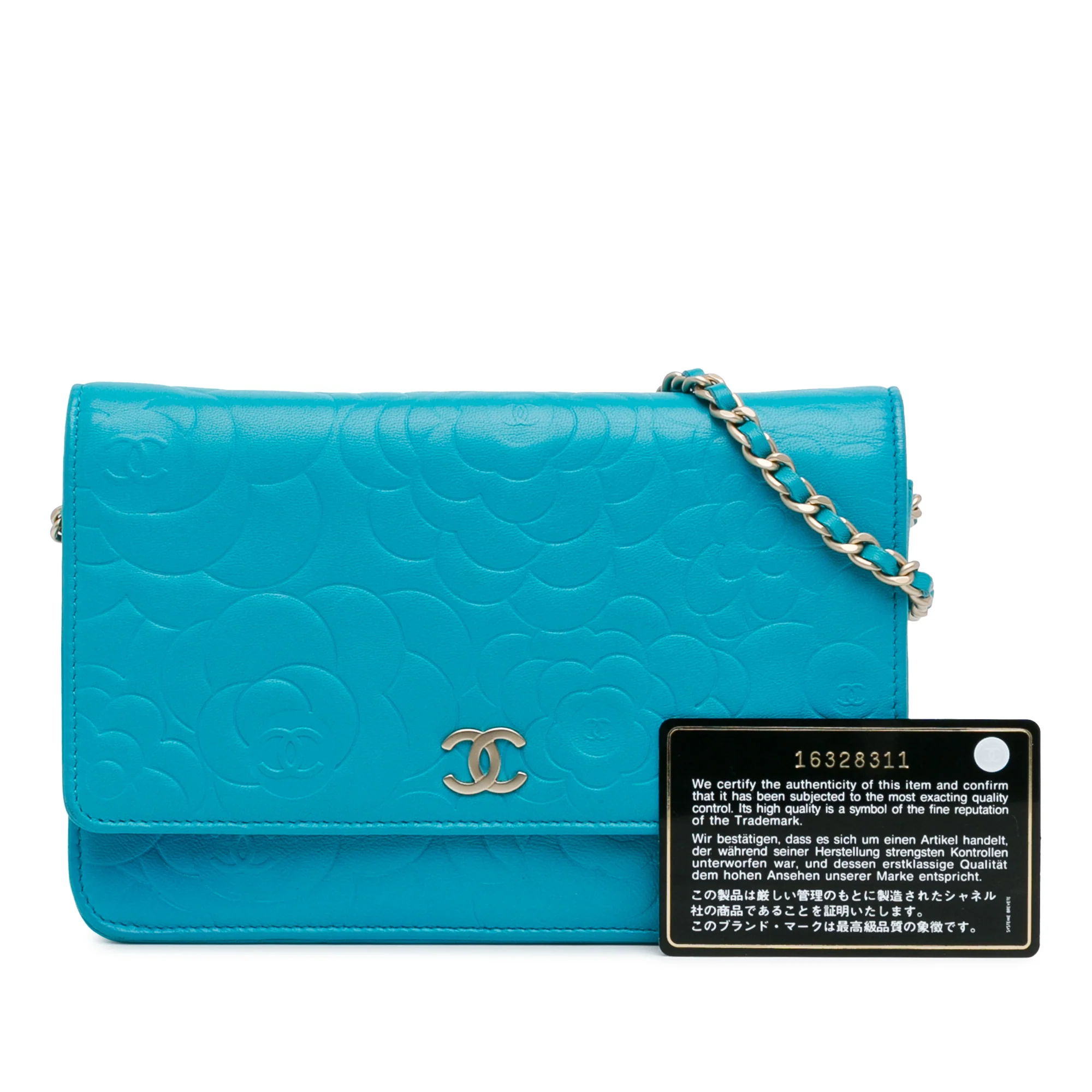 Chanel | Pre-Owned CC Embossed Lambskin Camellia Wallet On Chain | Blue/Aqua - Image 11