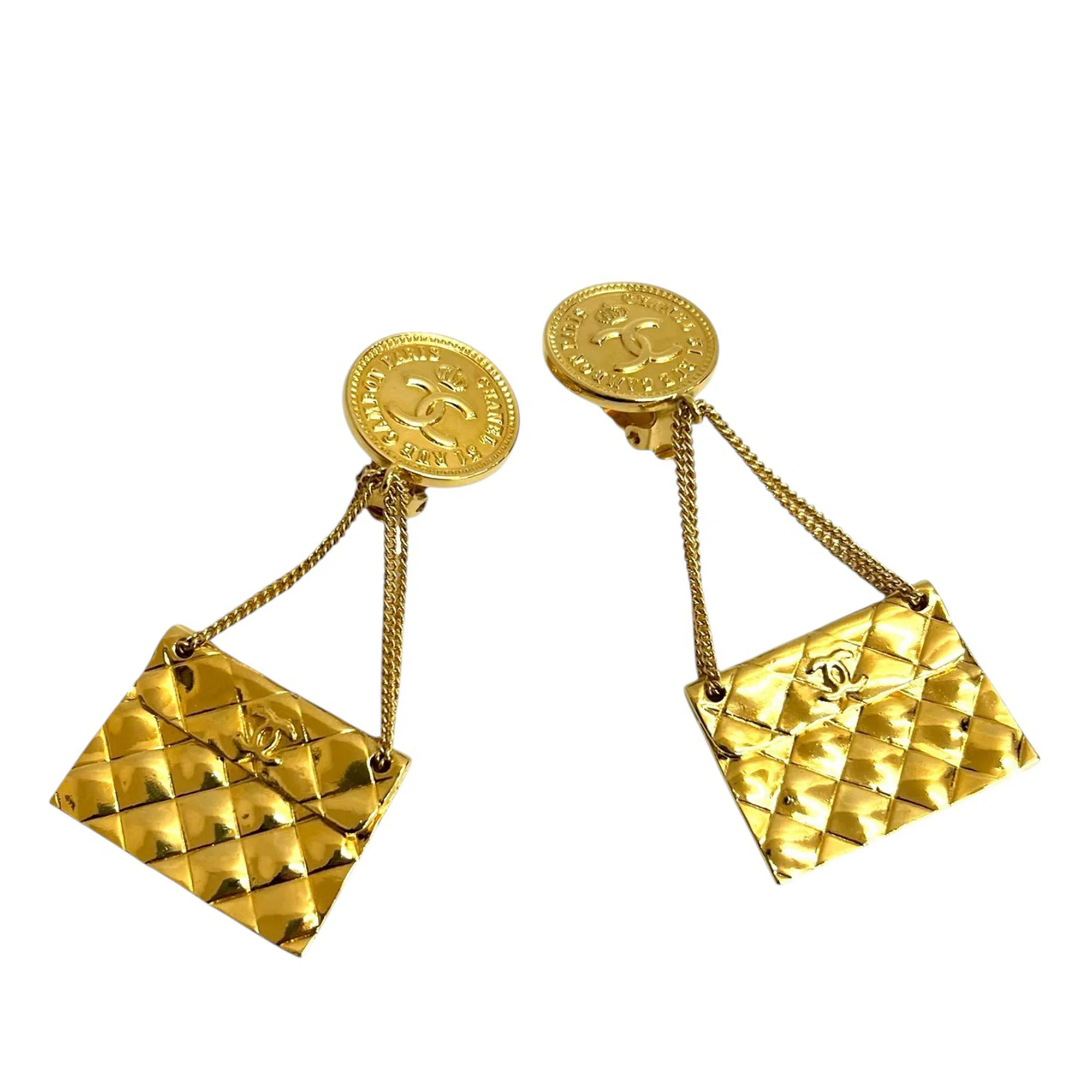 Chanel | Pre-Owned CC Gold Plated Coin and Quilted Flap Bag Clip On Earrings | Gold