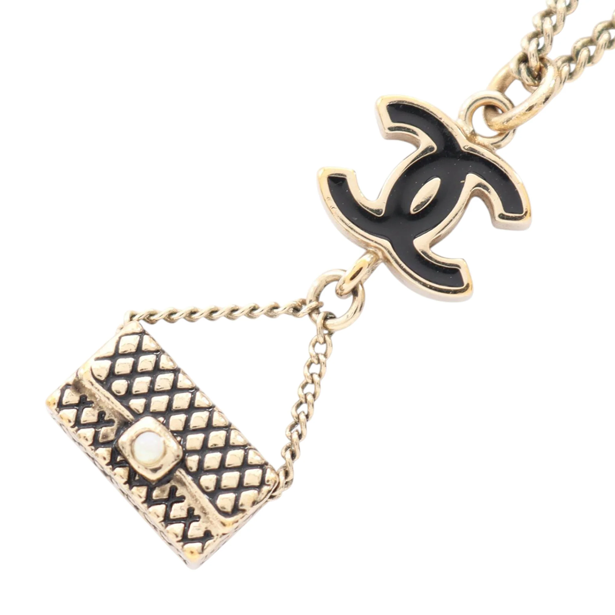 Chanel | Pre-Owned CC Gold Plated Enamel Flap Bag Pendant Necklace | GoldBlack