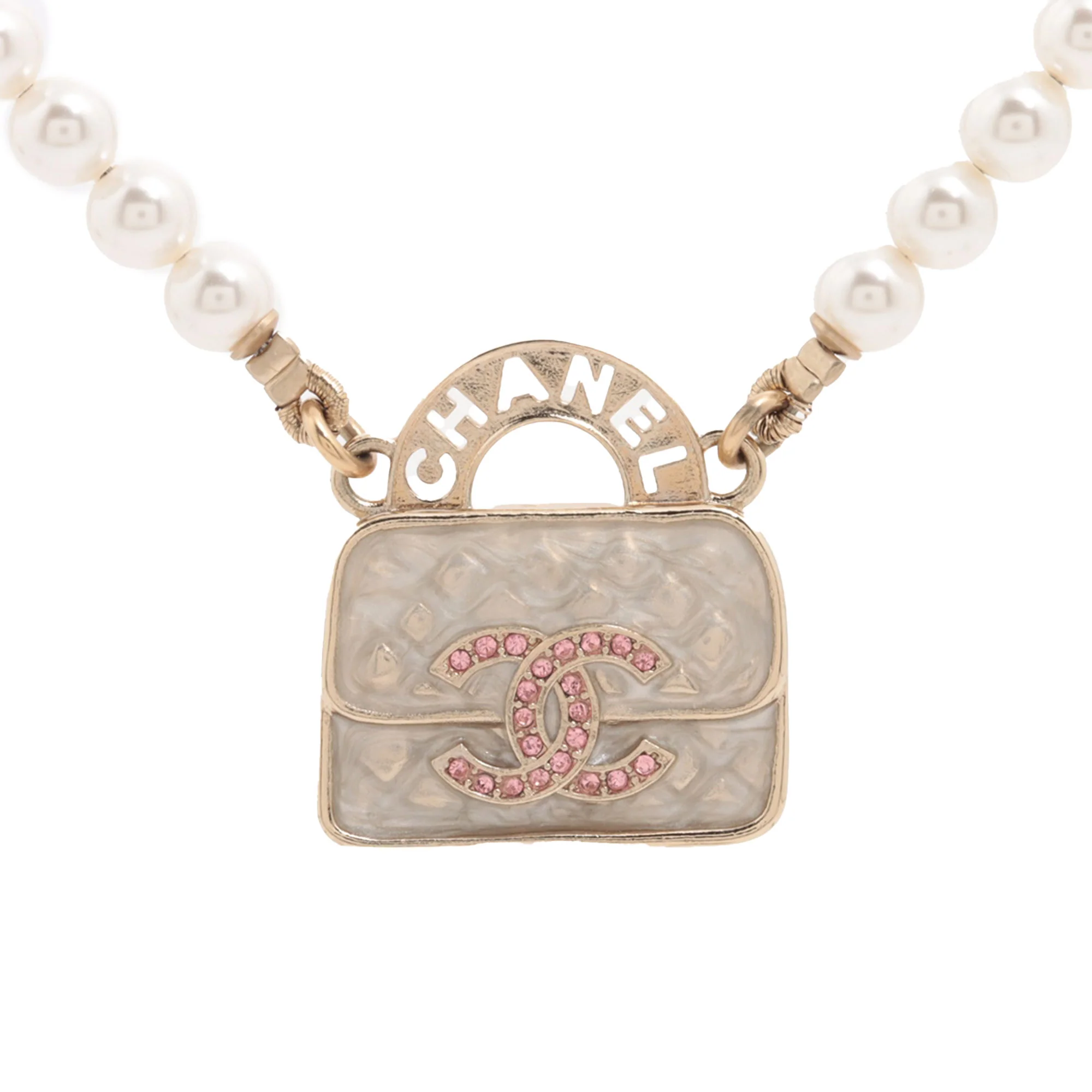 Chanel | Pre-Owned CC Gold Plated Faux Pearl and Rhinestones Bag Necklace | Gold/Pink/Light PinkPink/Light Pink