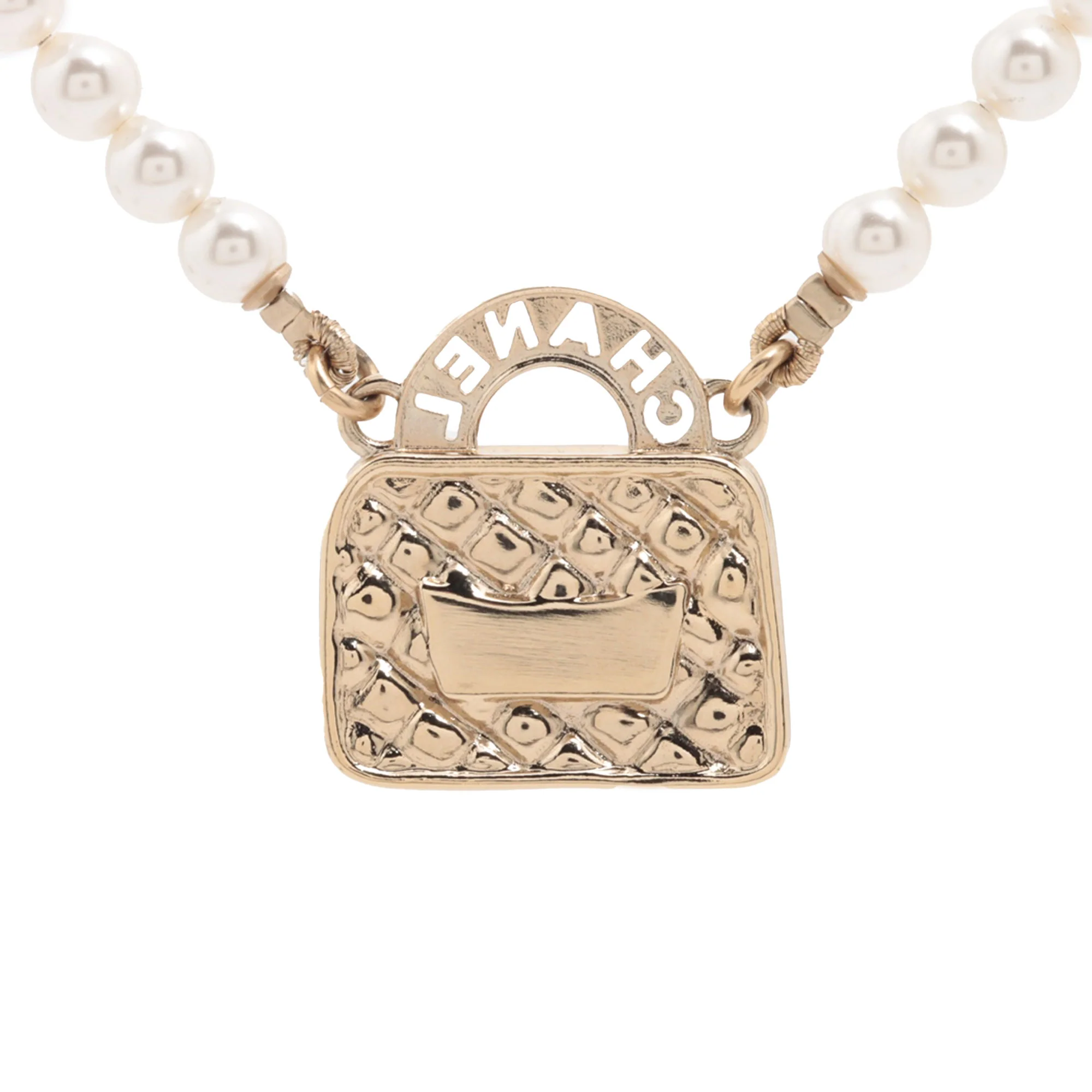 Chanel | Pre-Owned CC Gold Plated Faux Pearl and Rhinestones Bag Necklace | Gold/Pink/Light PinkPink/Light Pink - Image 2