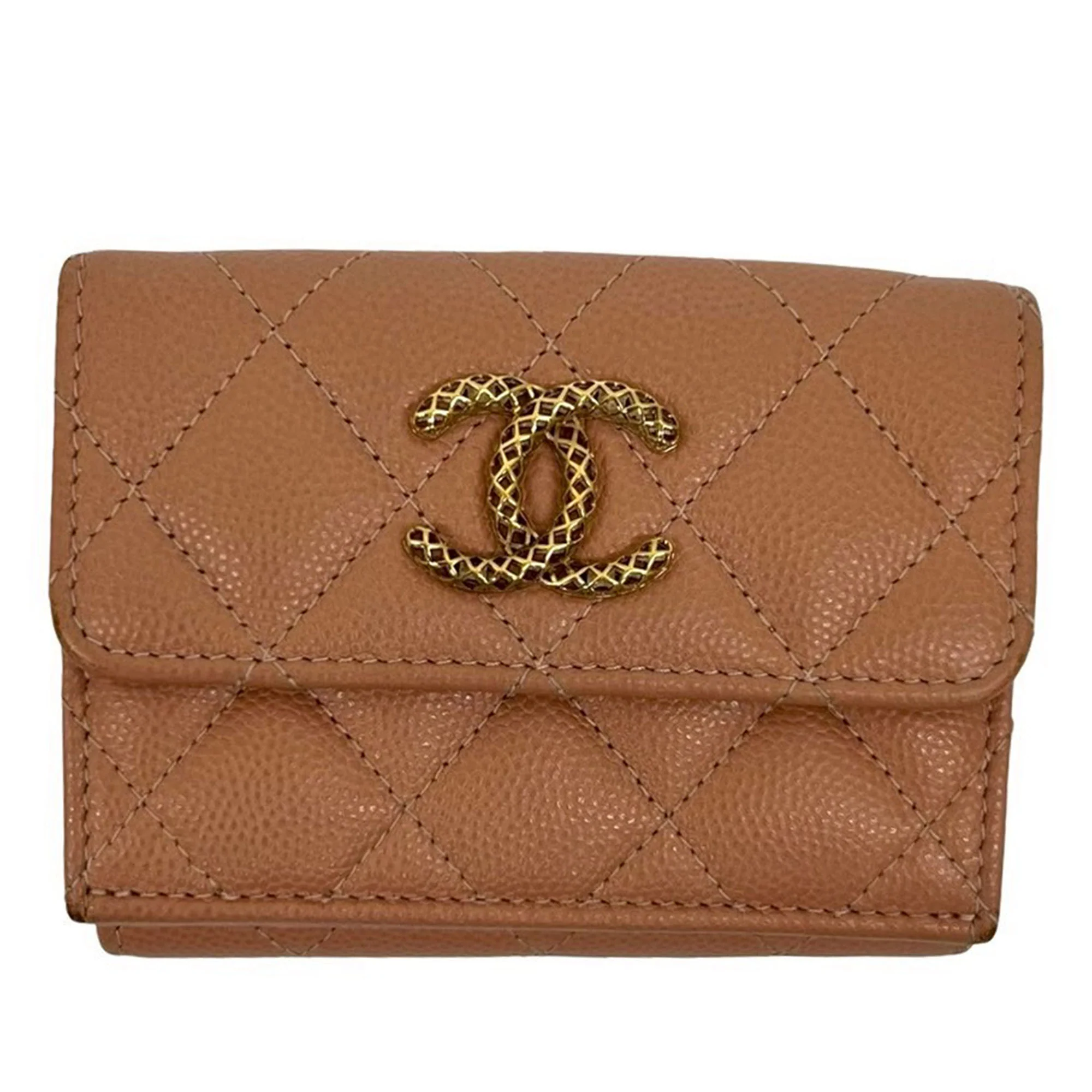 Chanel | Pre-Owned CC Quilted Caviar Trifold Wallet | Brown