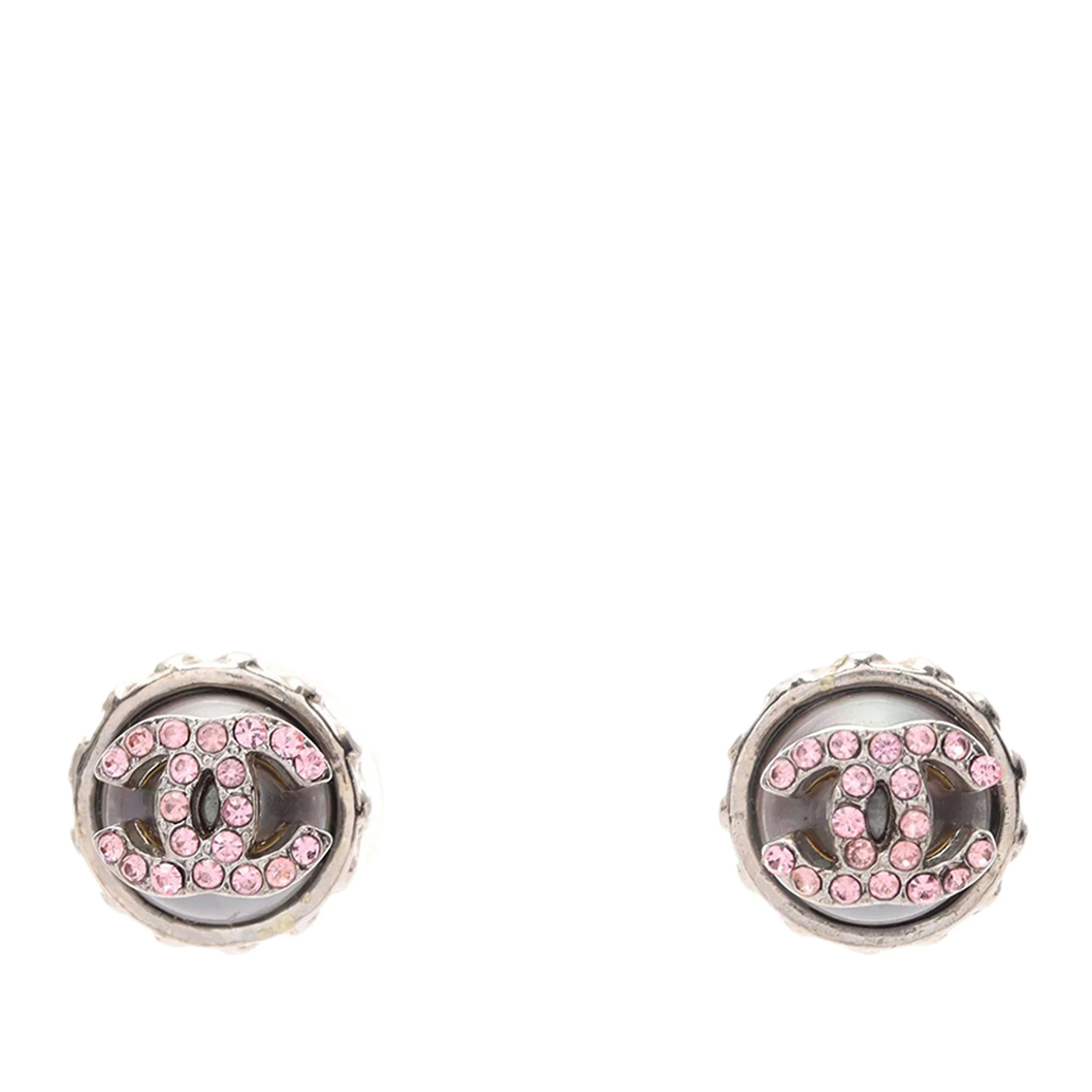 Chanel | Pre-Owned CC Stainless Steel Rhinestones Push Back Earrings | SilverPink