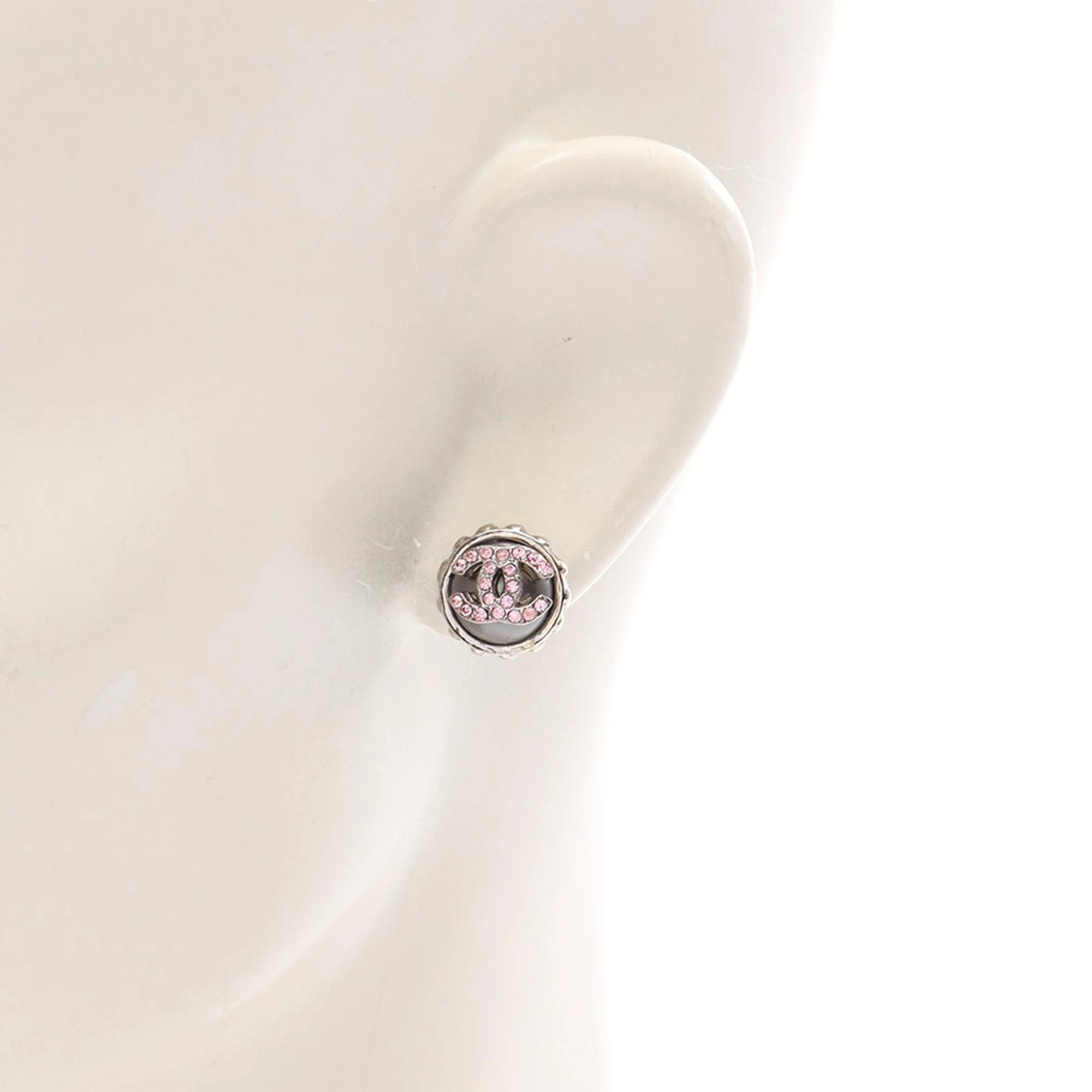 Chanel | Pre-Owned CC Stainless Steel Rhinestones Push Back Earrings | SilverPink - Image 6