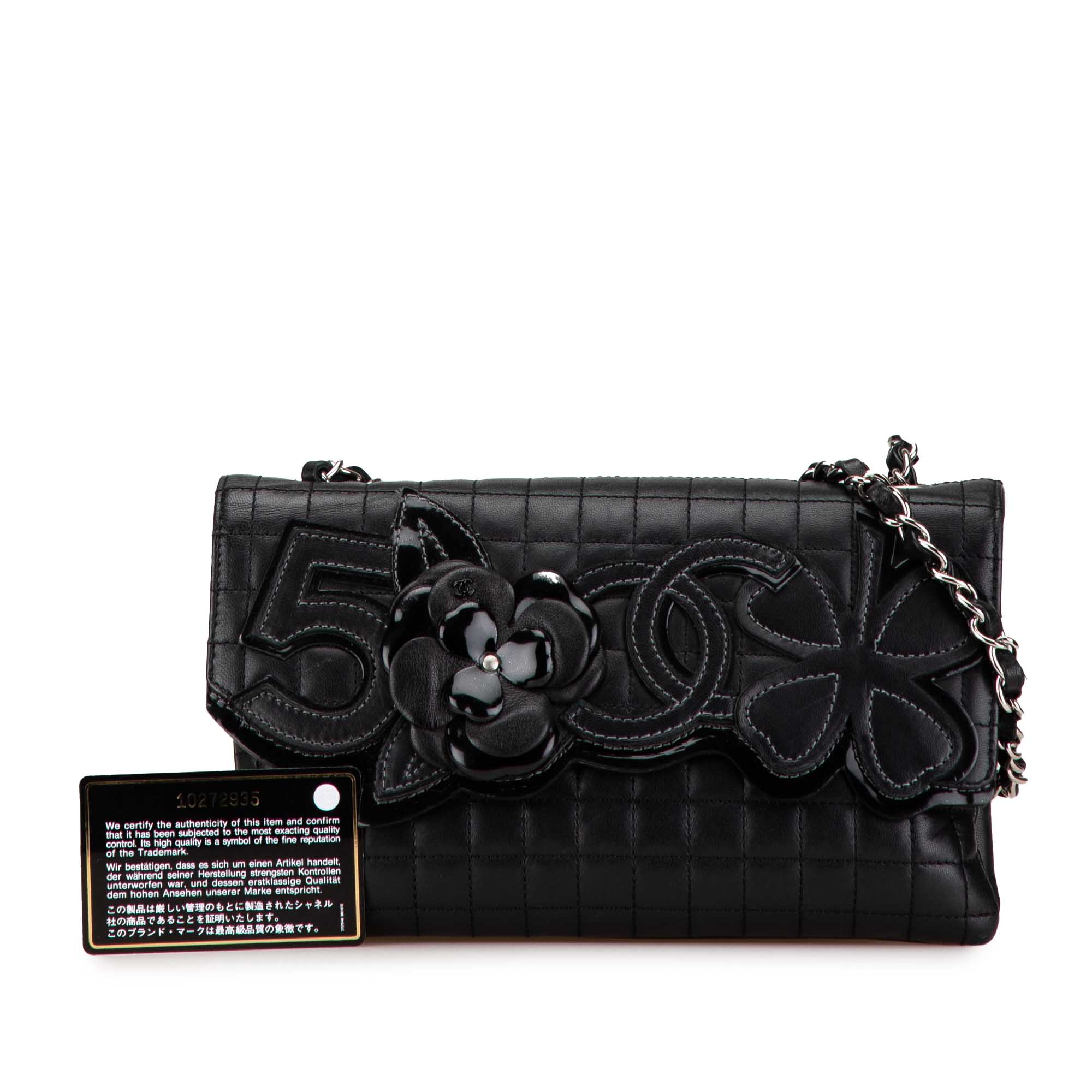 Chanel | Pre-Owned Choco Bar Calfskin Camellia No. 5 CC Shoulder Bag | Black - Image 2