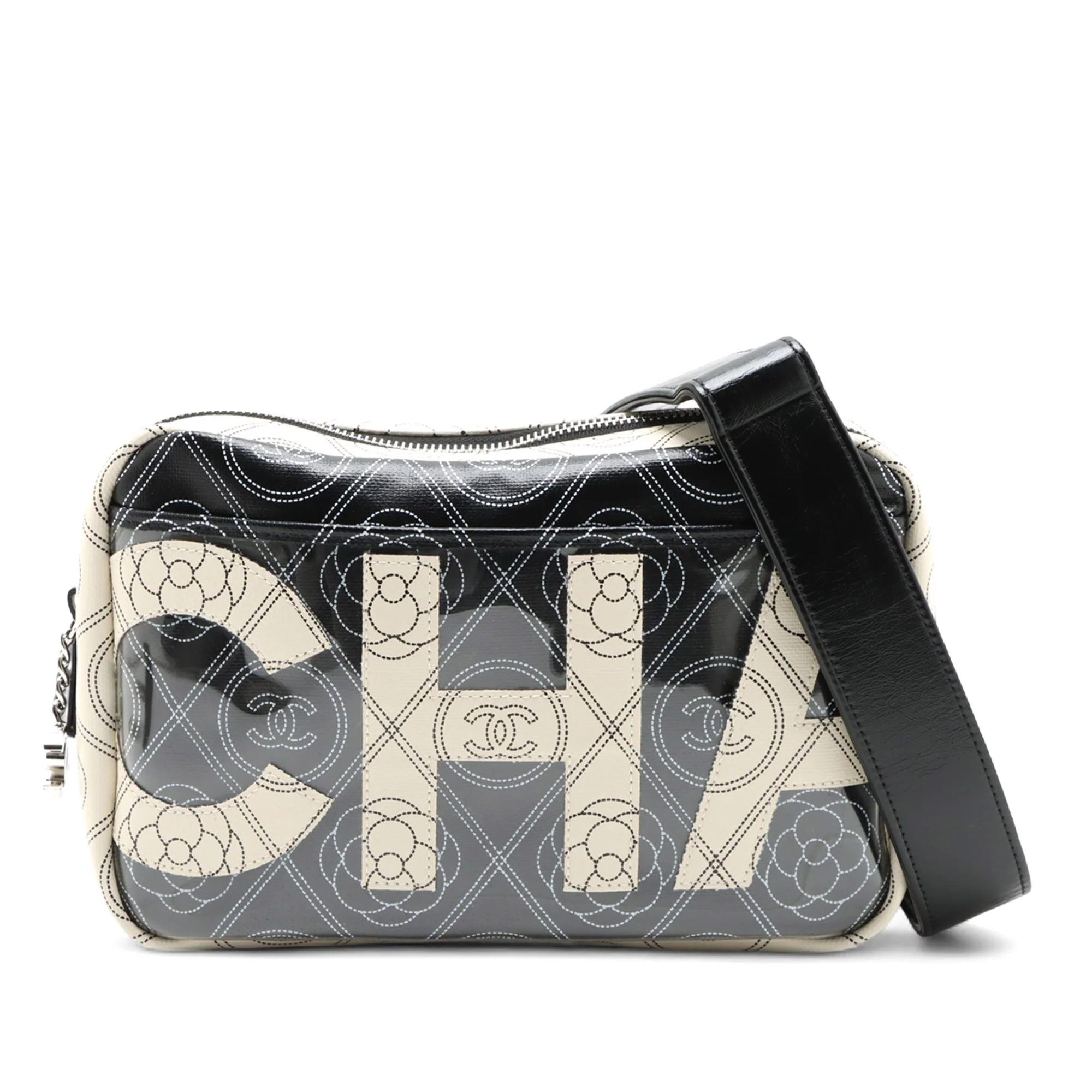 Chanel | Pre-Owned Coated Canvas Camellia Logo Camera Bag | BlackWhite/IvoryWhite/Ivory
