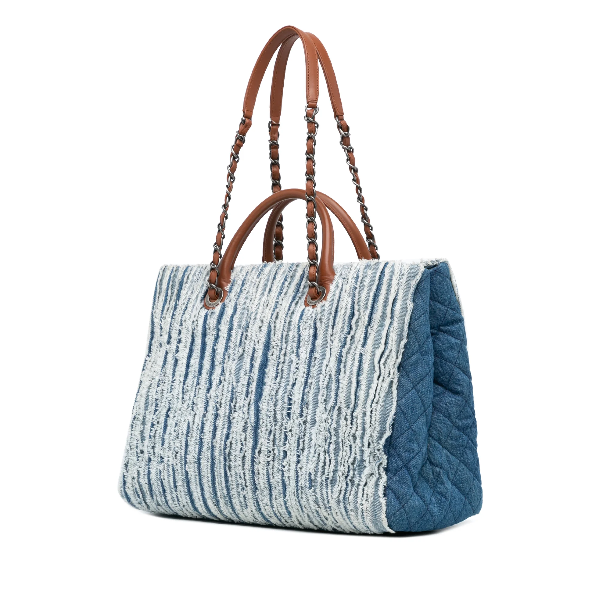Chanel | Pre-Owned Large Fringed Denim Shopping Tote | Blue/BrownBrownBrownBrownBrown - Image 2