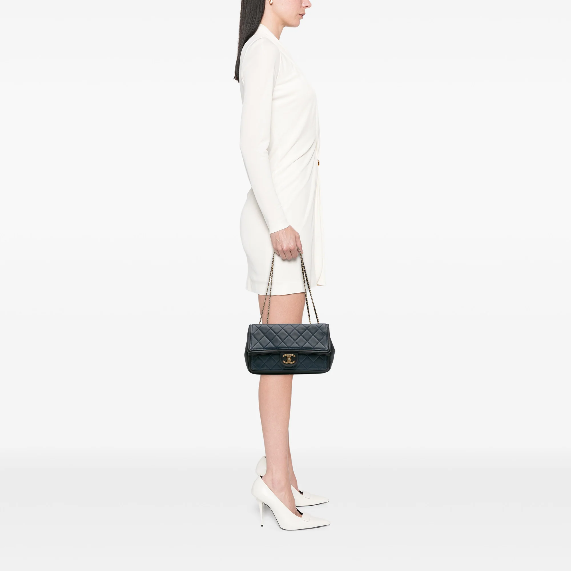 Chanel | Pre-Owned Medium Bicolor Calfskin Graphic Flap | Blue/Dark BlueBlack - Image 5
