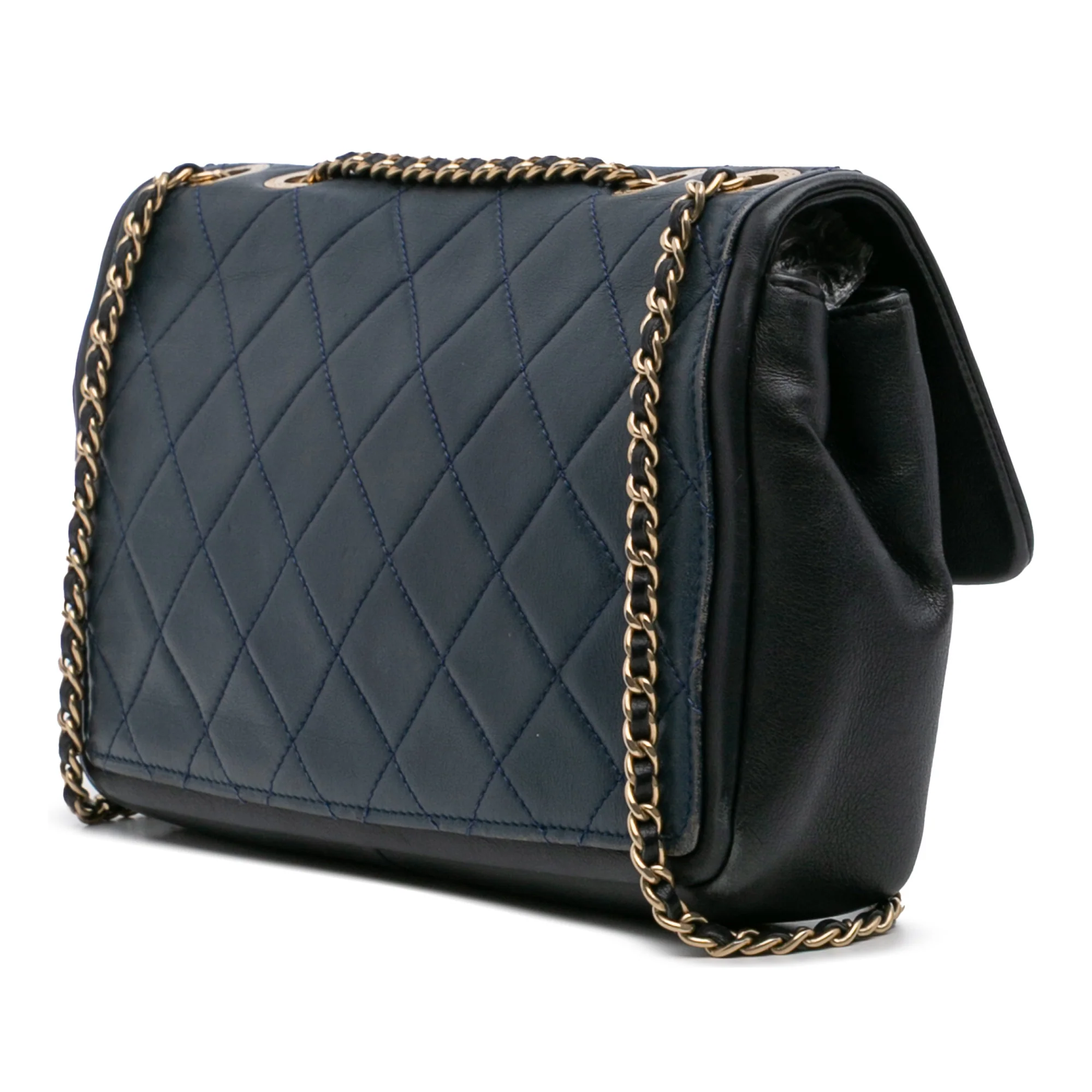 Chanel | Pre-Owned Medium Bicolor Calfskin Graphic Flap | Blue/Dark BlueBlack - Image 6