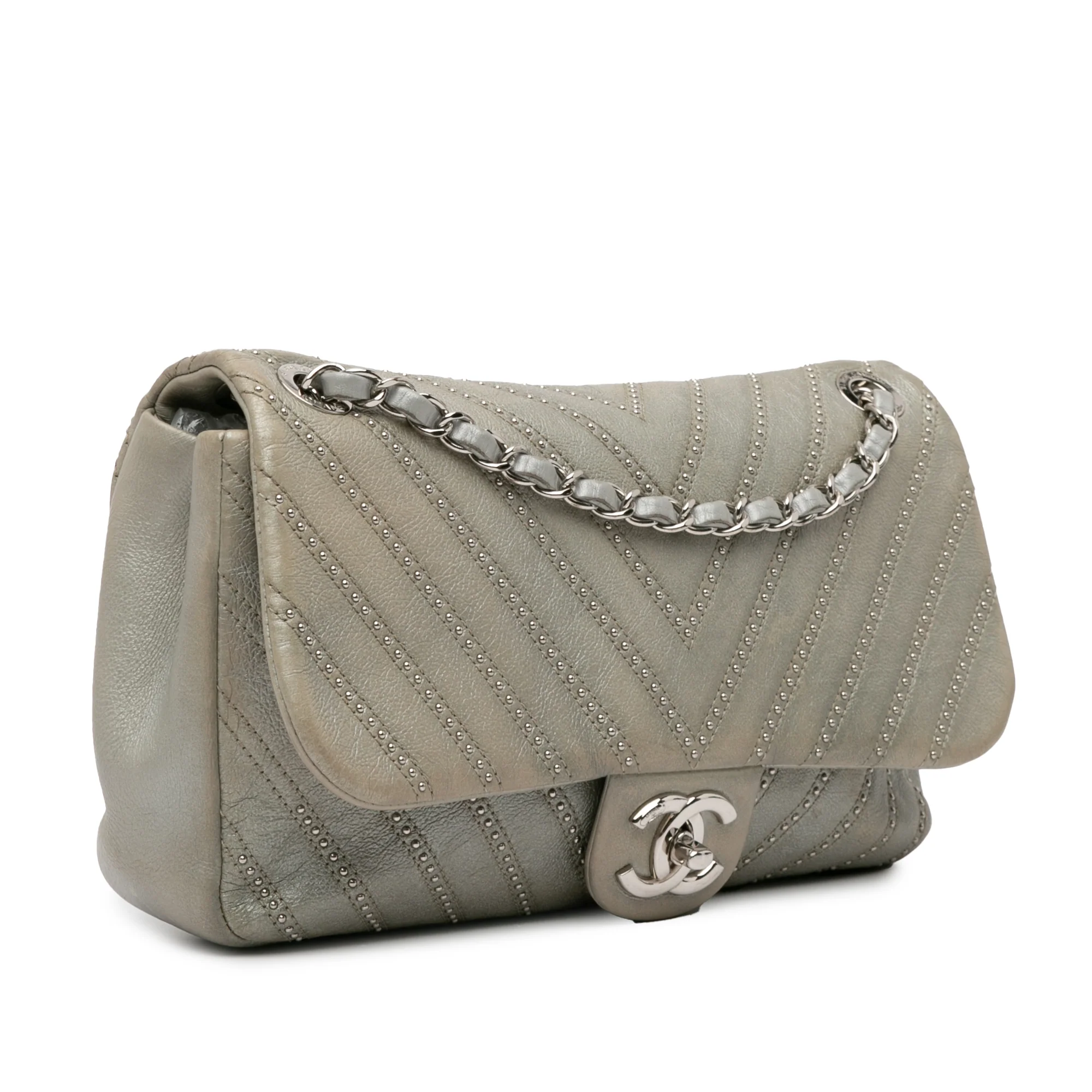 Chanel | Pre-Owned Medium Chevron Calfskin Stud Wars Flap | Silver - Image 6