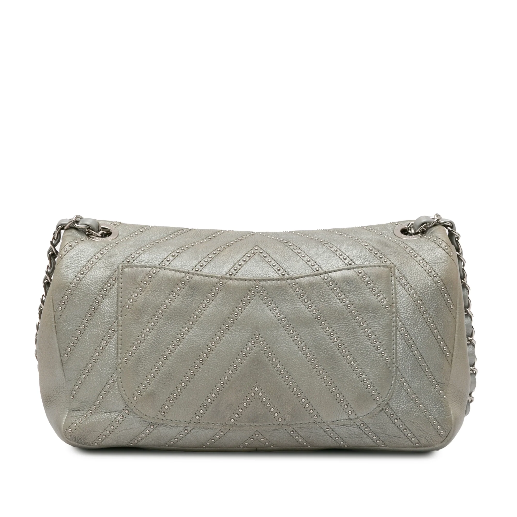 Chanel | Pre-Owned Medium Chevron Calfskin Stud Wars Flap | Silver - Image 7