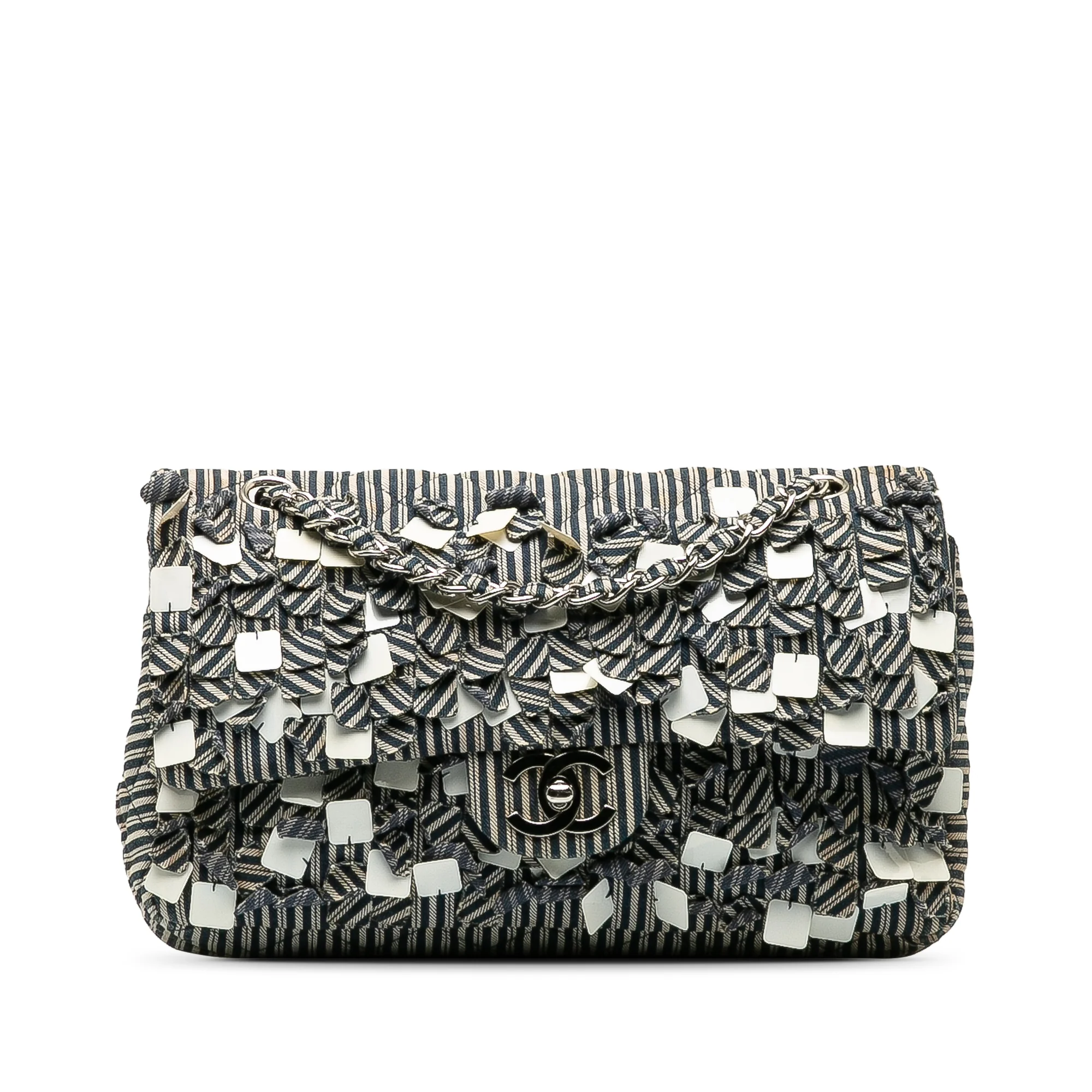 Chanel | Pre-Owned Medium Cotton Striped Double Flap | Blue