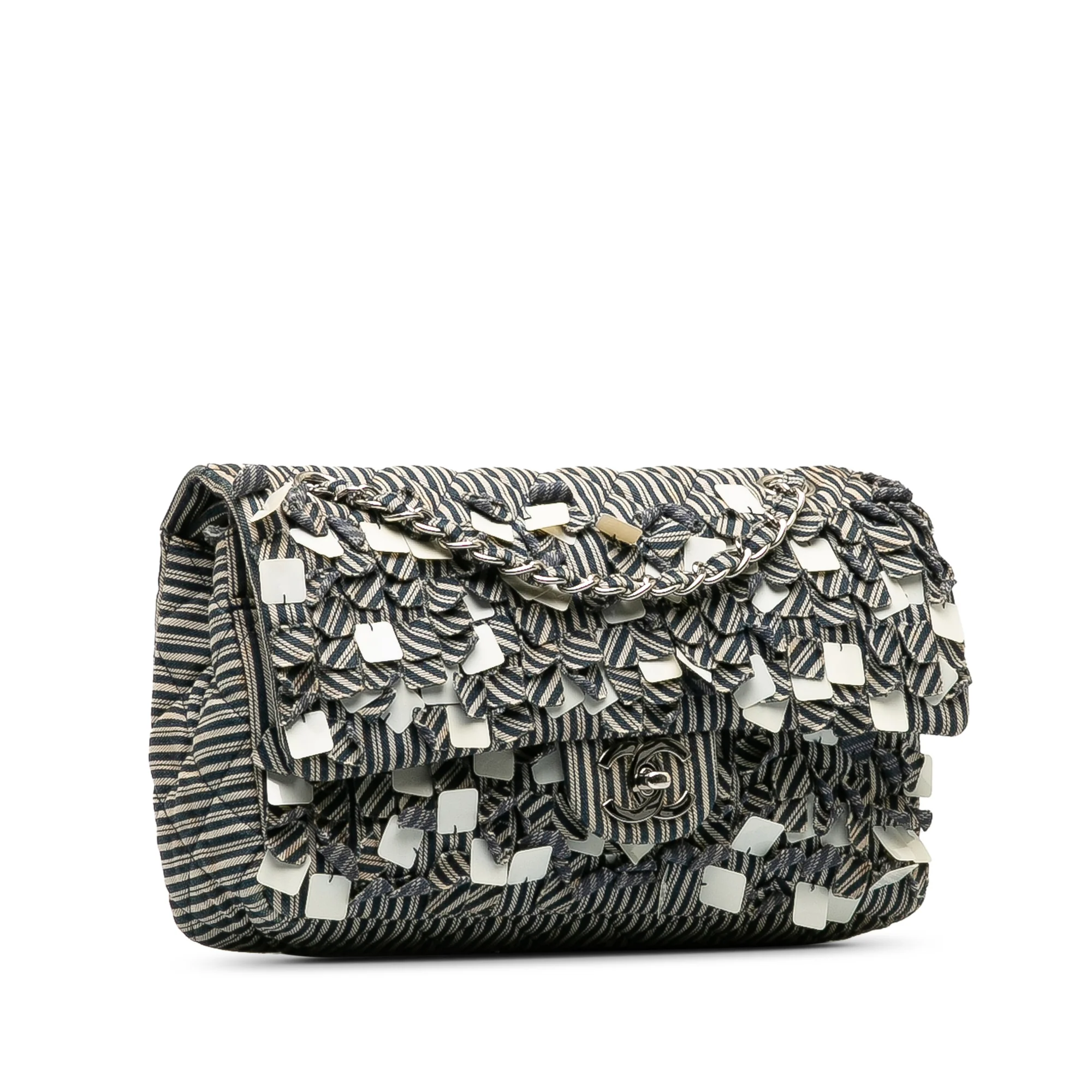 Chanel | Pre-Owned Medium Cotton Striped Double Flap | Blue - Image 4