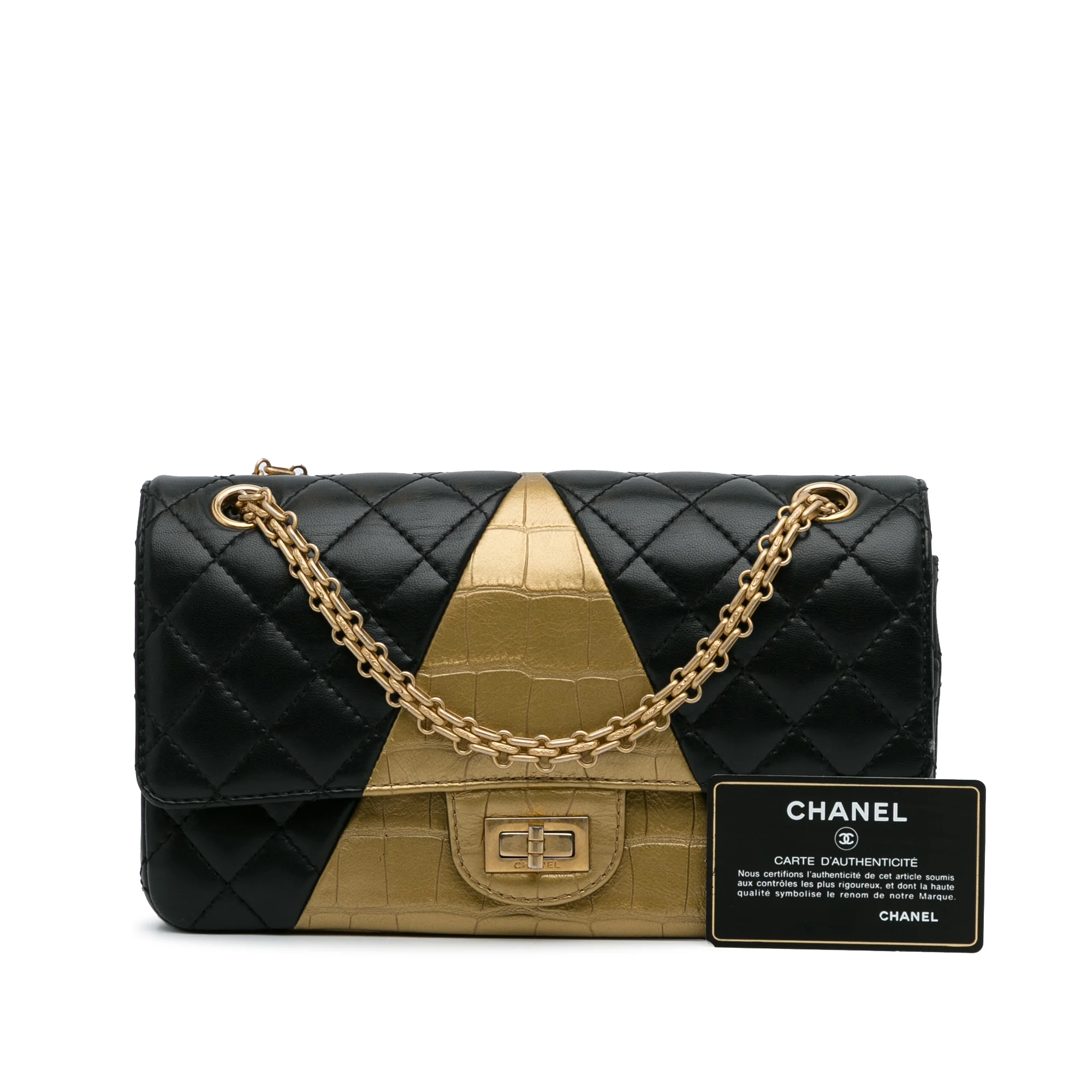 Chanel | Pre-Owned Medium Croc Embossed Lambskin 2.55 Reissue Double Flap Bag | Black/Gold - Image 15