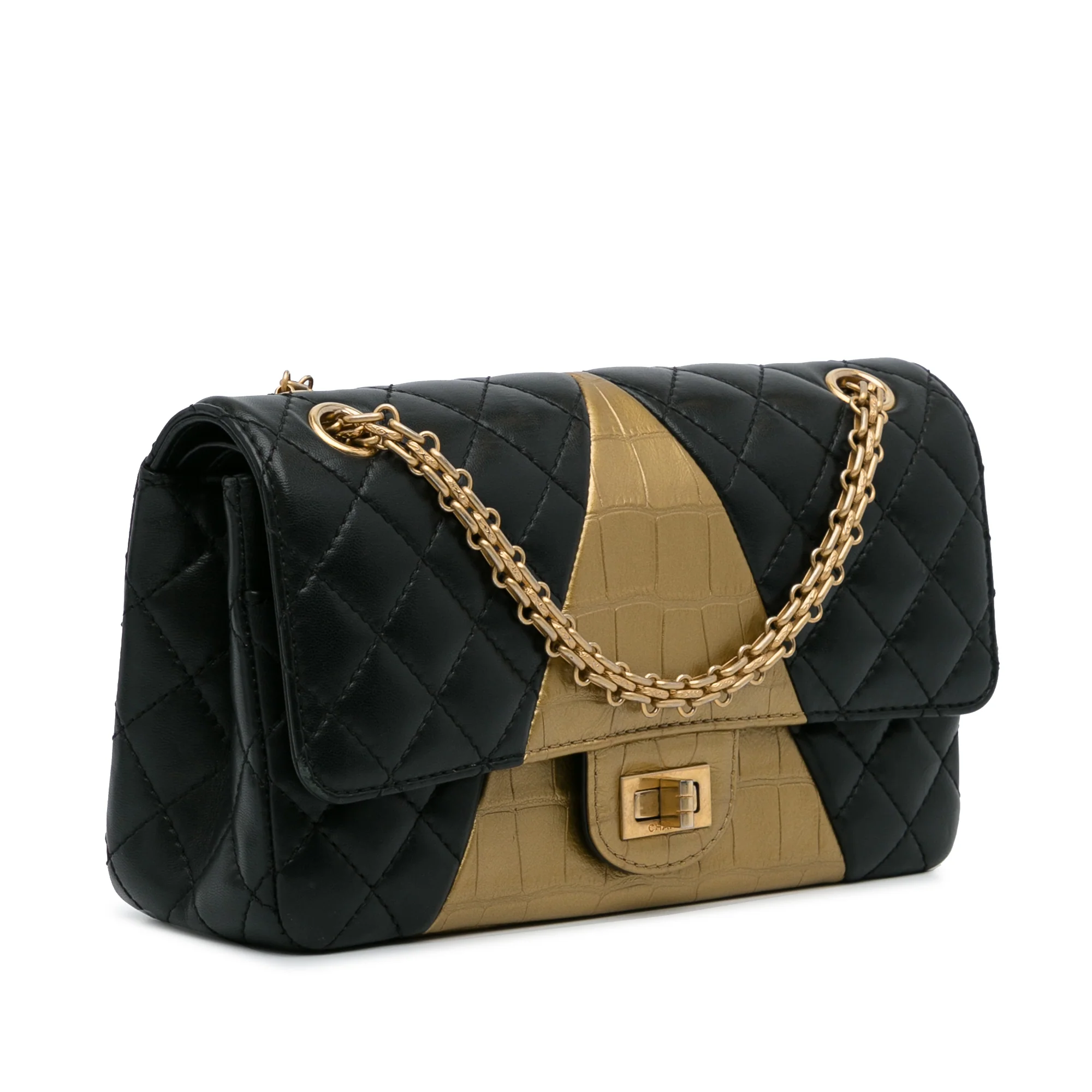 Chanel | Pre-Owned Medium Croc Embossed Lambskin 2.55 Reissue Double Flap Bag | Black/Gold - Image 3