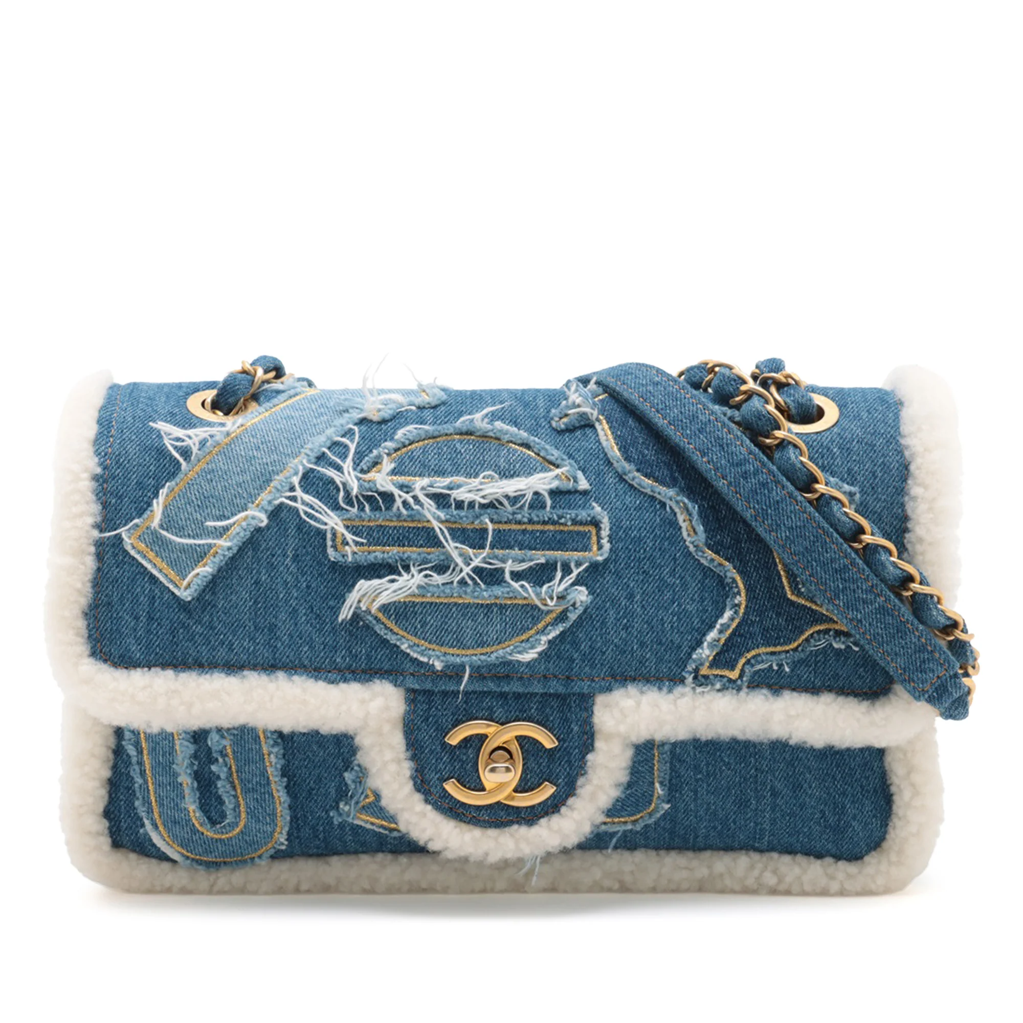 Chanel | Pre-Owned Medium Shearling Denim Egypt Hieroglyph Single Flap | Blue/DenimWhite/Ivory