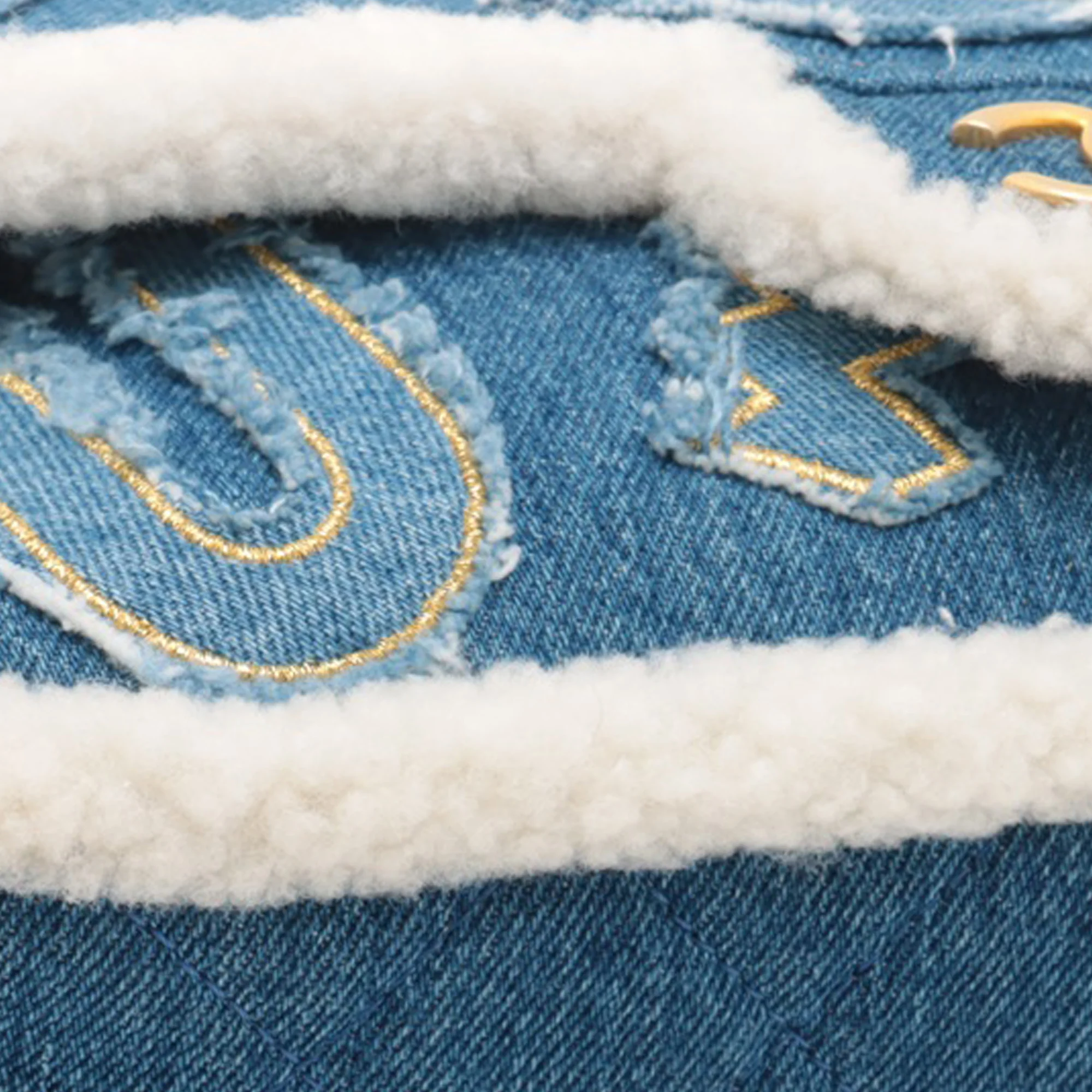 Chanel | Pre-Owned Medium Shearling Denim Egypt Hieroglyph Single Flap | Blue/DenimWhite/Ivory - Image 2