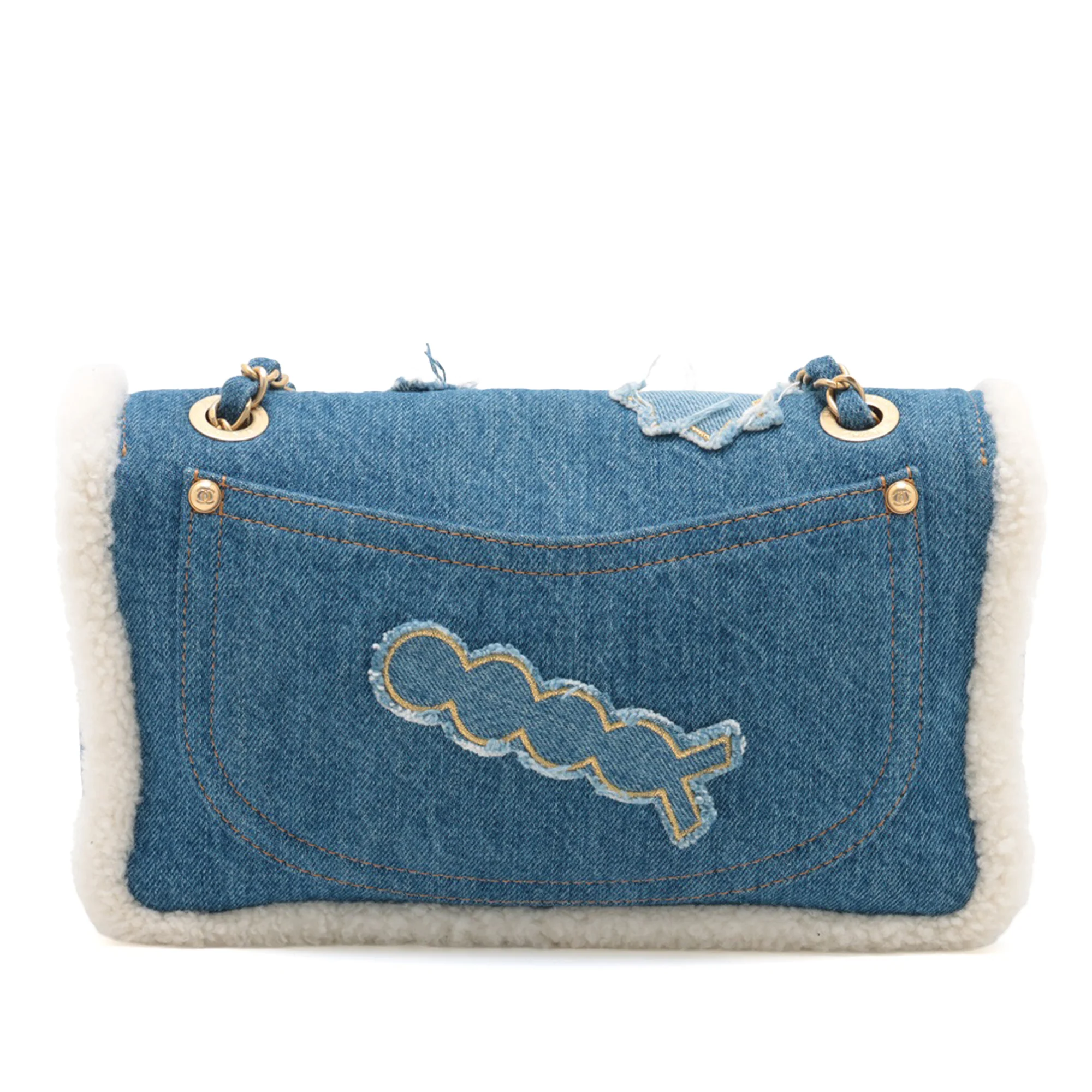 Chanel | Pre-Owned Medium Shearling Denim Egypt Hieroglyph Single Flap | Blue/DenimWhite/Ivory - Image 7
