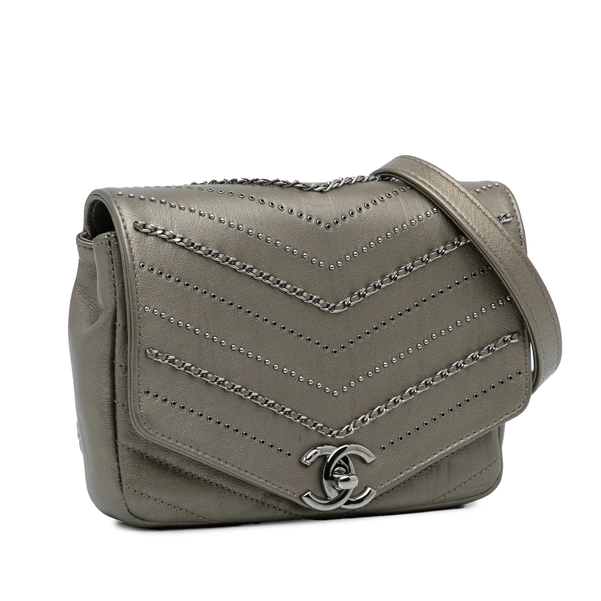 Chanel | Pre-Owned Mini Embellished Calfskin Chevron Square Envelop Flap | Gray - Image 3