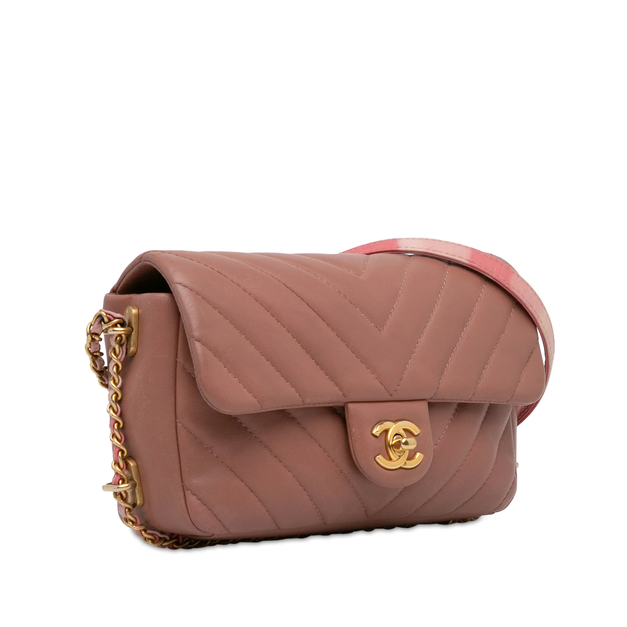 Chanel | Pre-Owned Mini Rectangular Chevron Lambskin Chain Around Flap | Pink/Light Pink - Image 6