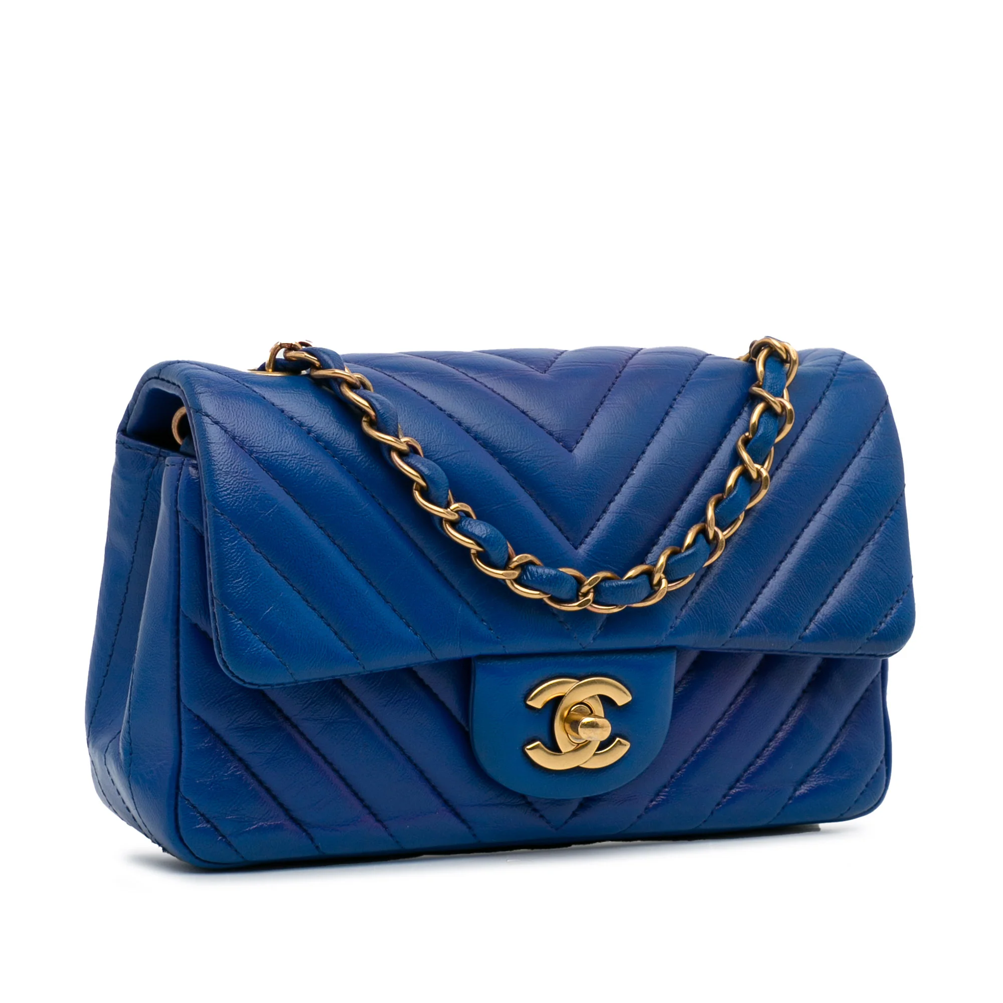 Chanel | Pre-Owned Mini Rectangular Chevron Lambskin Flap | Blue - Image 4