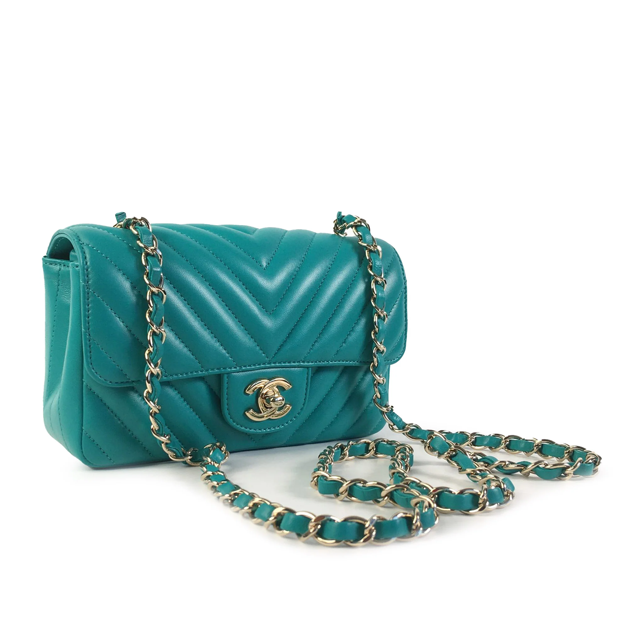 Chanel | Pre-Owned Mini Rectangular Chevron Lambskin Single Flap | Green - Image 12