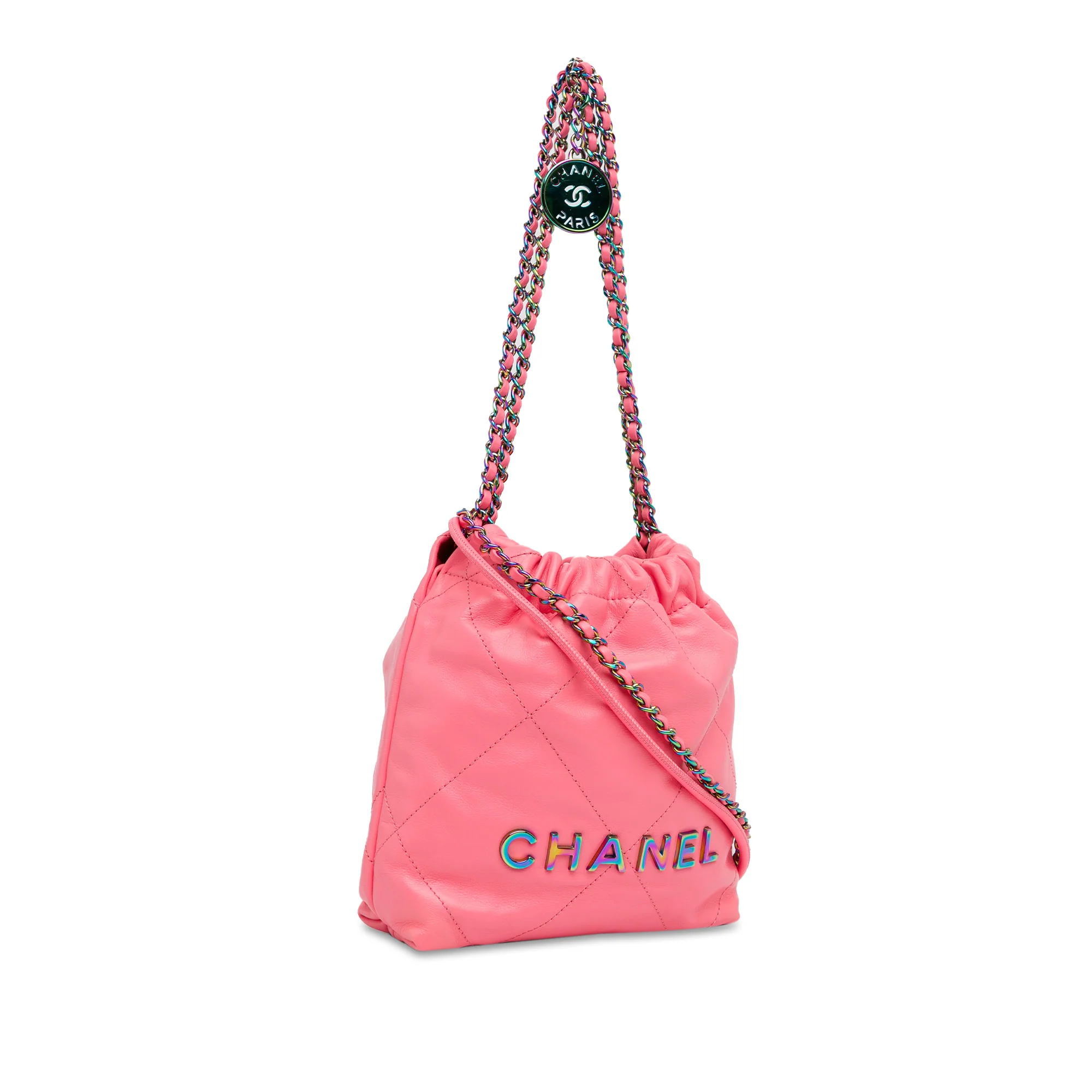 Chanel | Pre-Owned Mini Shiny Calfskin Rainbow Hardware 22 Handbag | Pink - Image 2