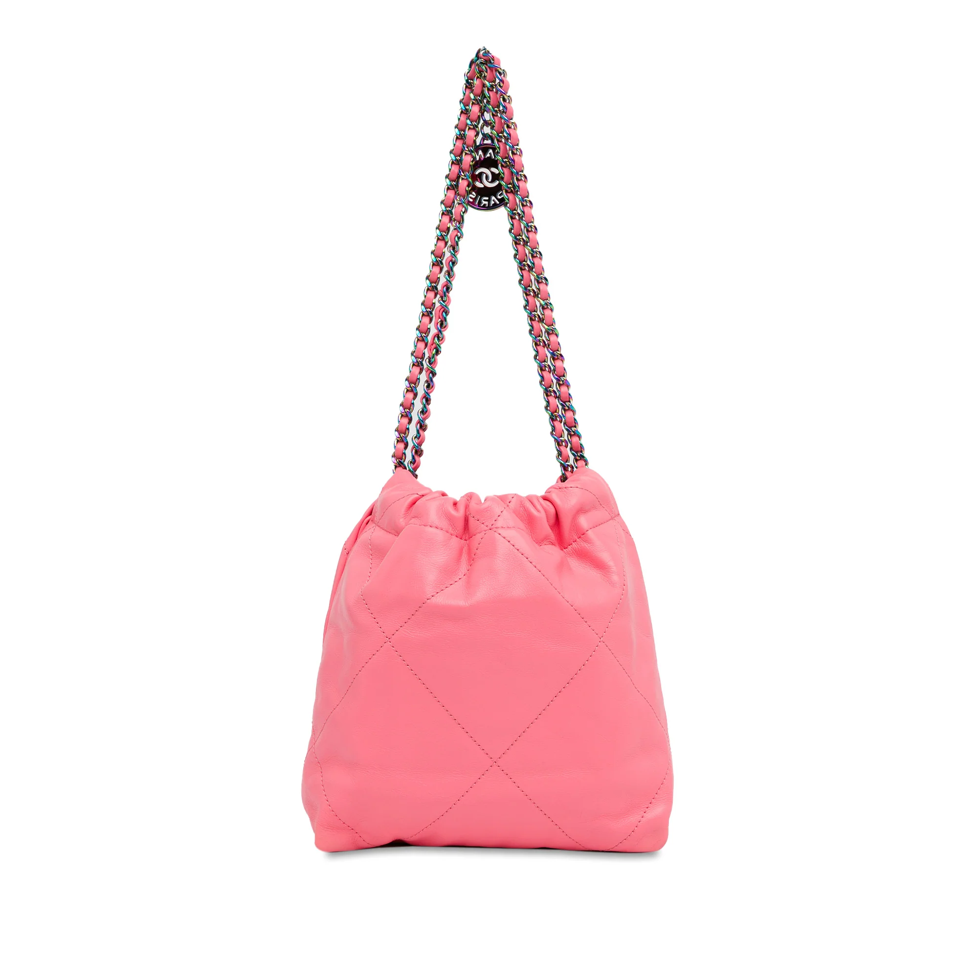 Chanel | Pre-Owned Mini Shiny Calfskin Rainbow Hardware 22 Handbag | Pink - Image 3