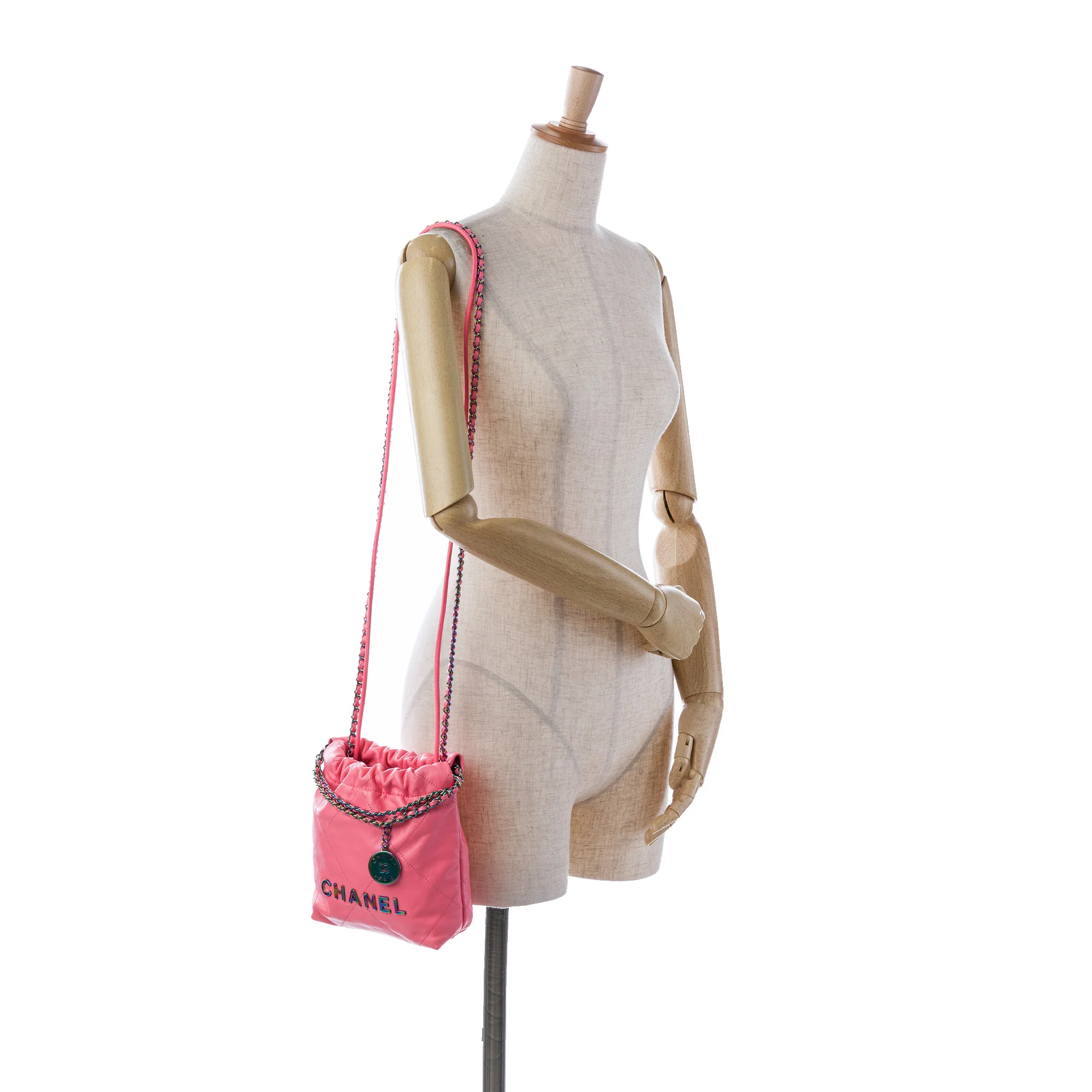 Chanel | Pre-Owned Mini Shiny Calfskin Rainbow Hardware 22 Handbag | Pink - Image 8