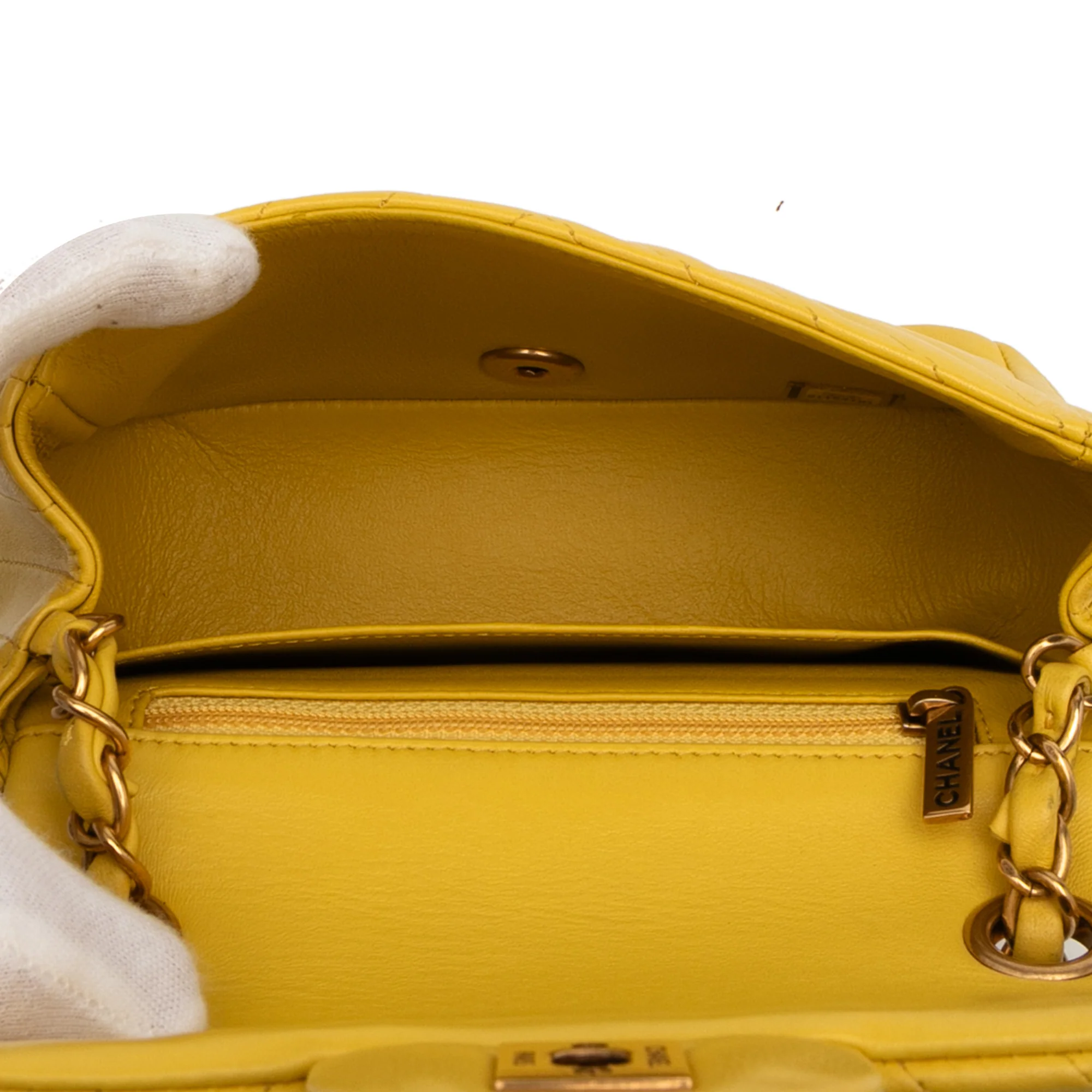 Chanel | Pre-Owned Mini Square Classic Chevron Lambskin Single Flap | Yellow - Image 4