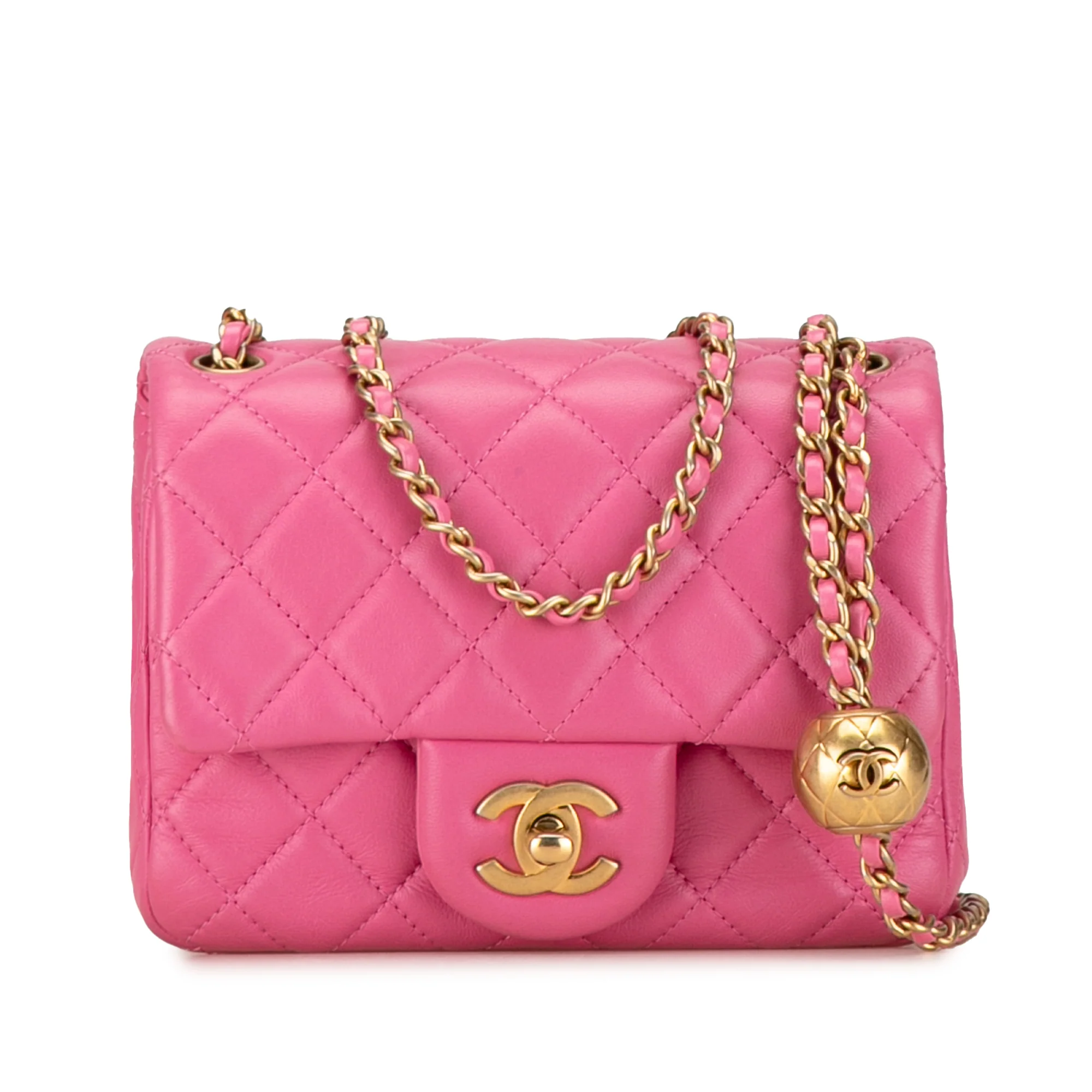 Chanel | Pre-Owned Mini Square Classic Lambskin Pearl Crush Single Flap | Pink