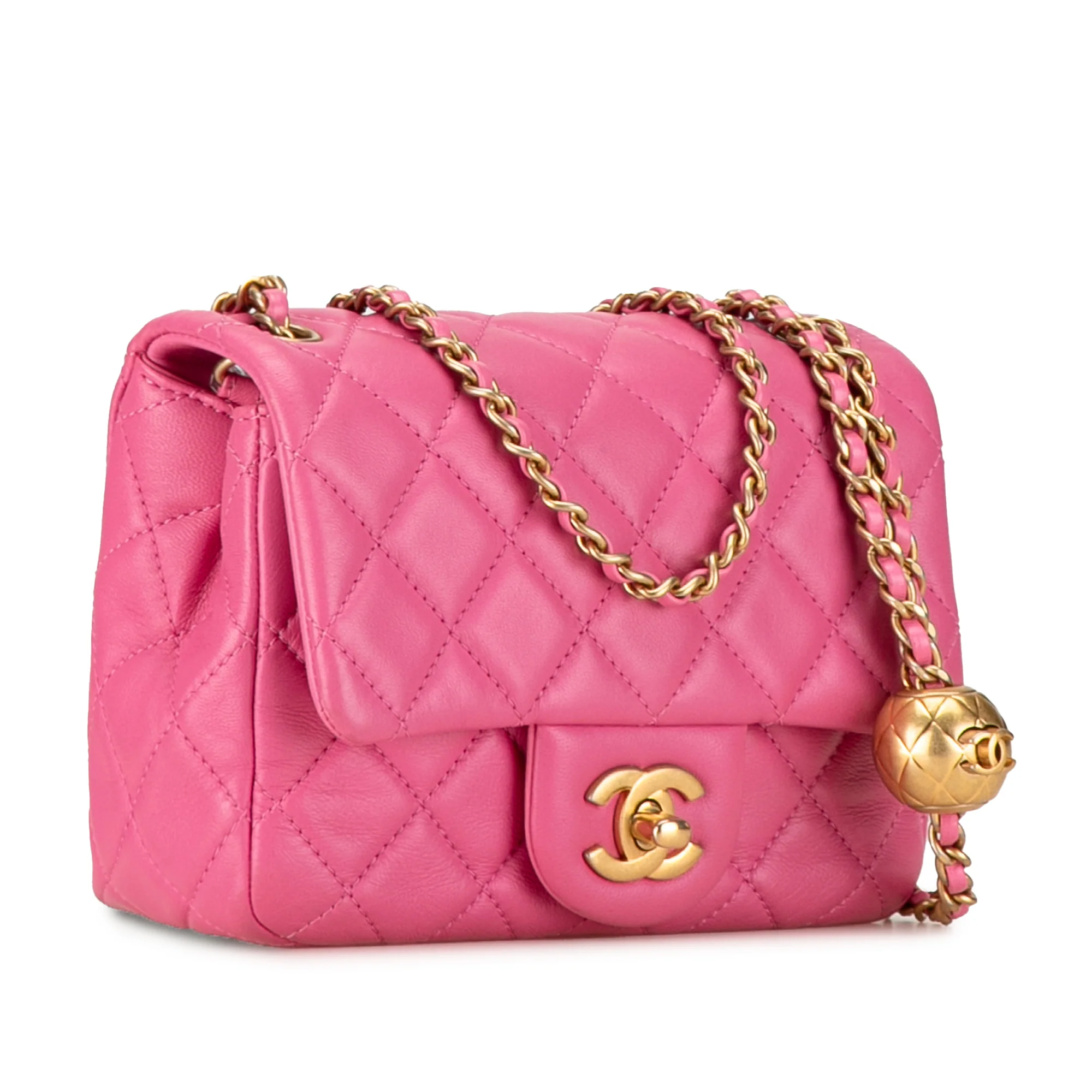 Chanel | Pre-Owned Mini Square Classic Lambskin Pearl Crush Single Flap | Pink - Image 3