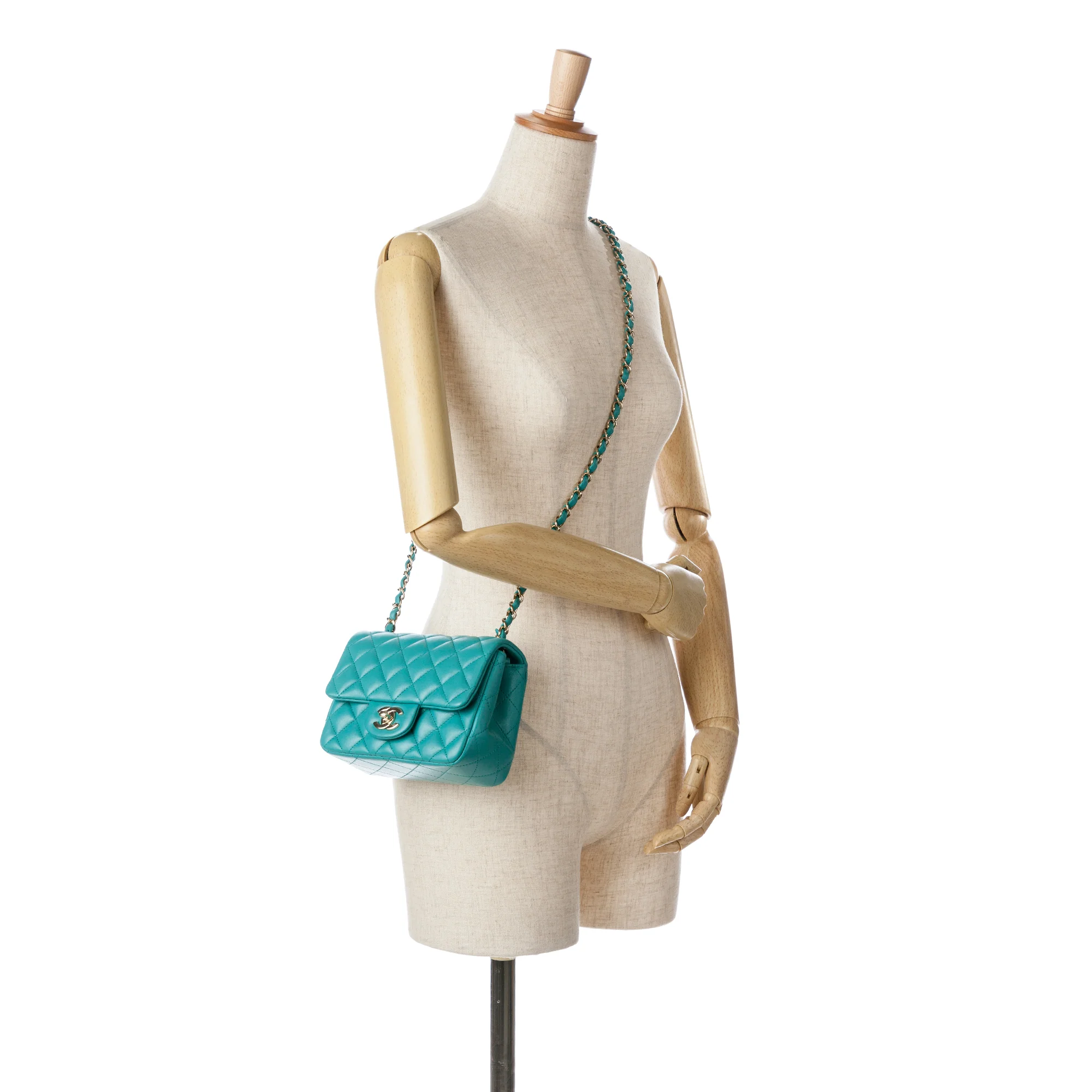 Chanel | Pre-Owned Mini Square Classic Lambskin Single Flap | Blue/Peacock - Image 8