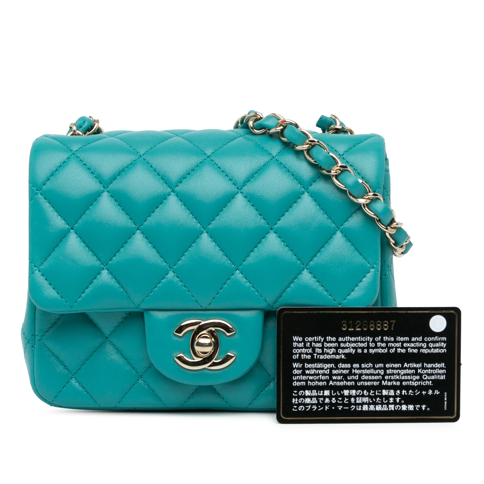 Chanel | Pre-Owned Mini Square Classic Lambskin Single Flap | Blue/Peacock - Image 9