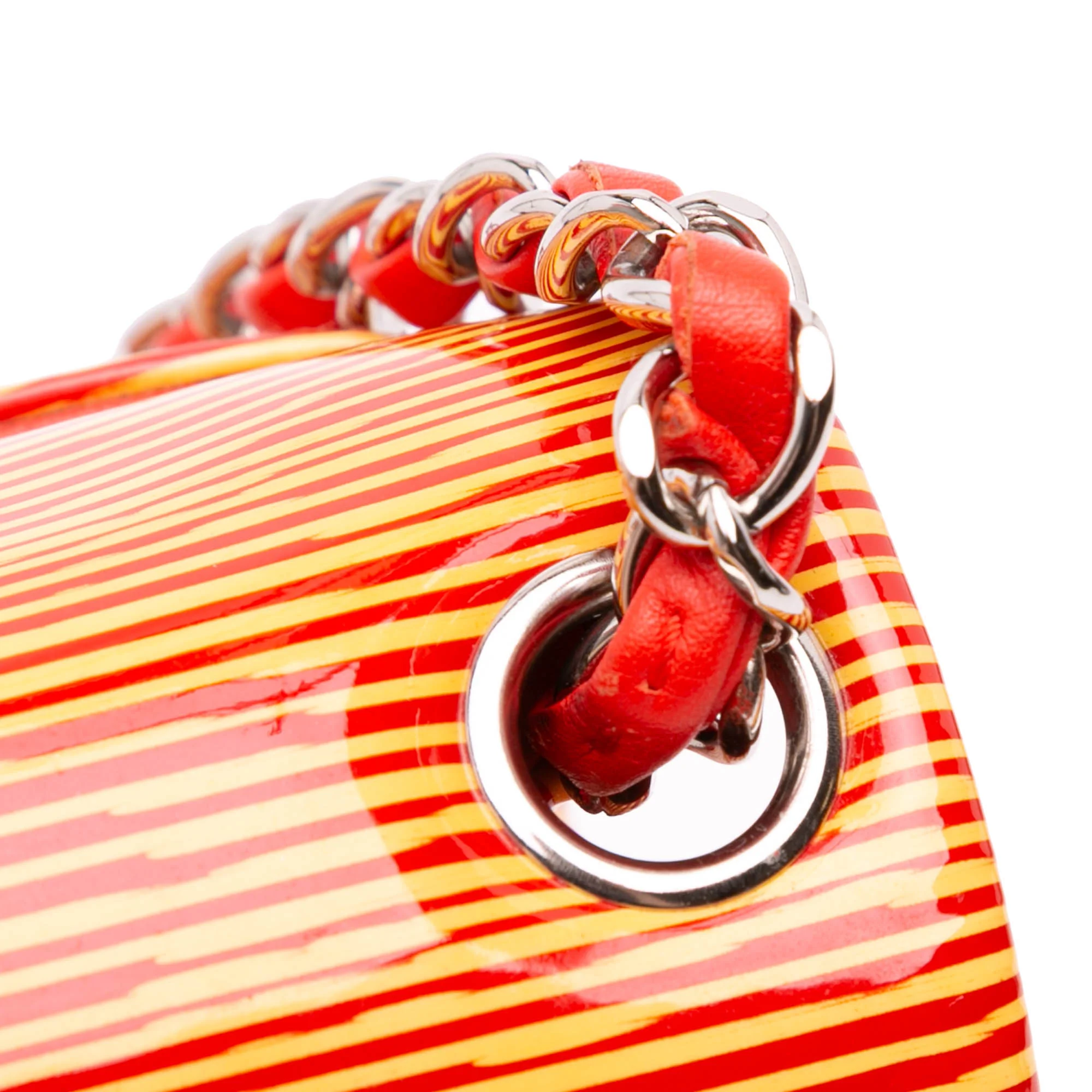 Chanel | Pre-Owned Mini Square Classic Patent Striped Single Flap | Orange - Image 9