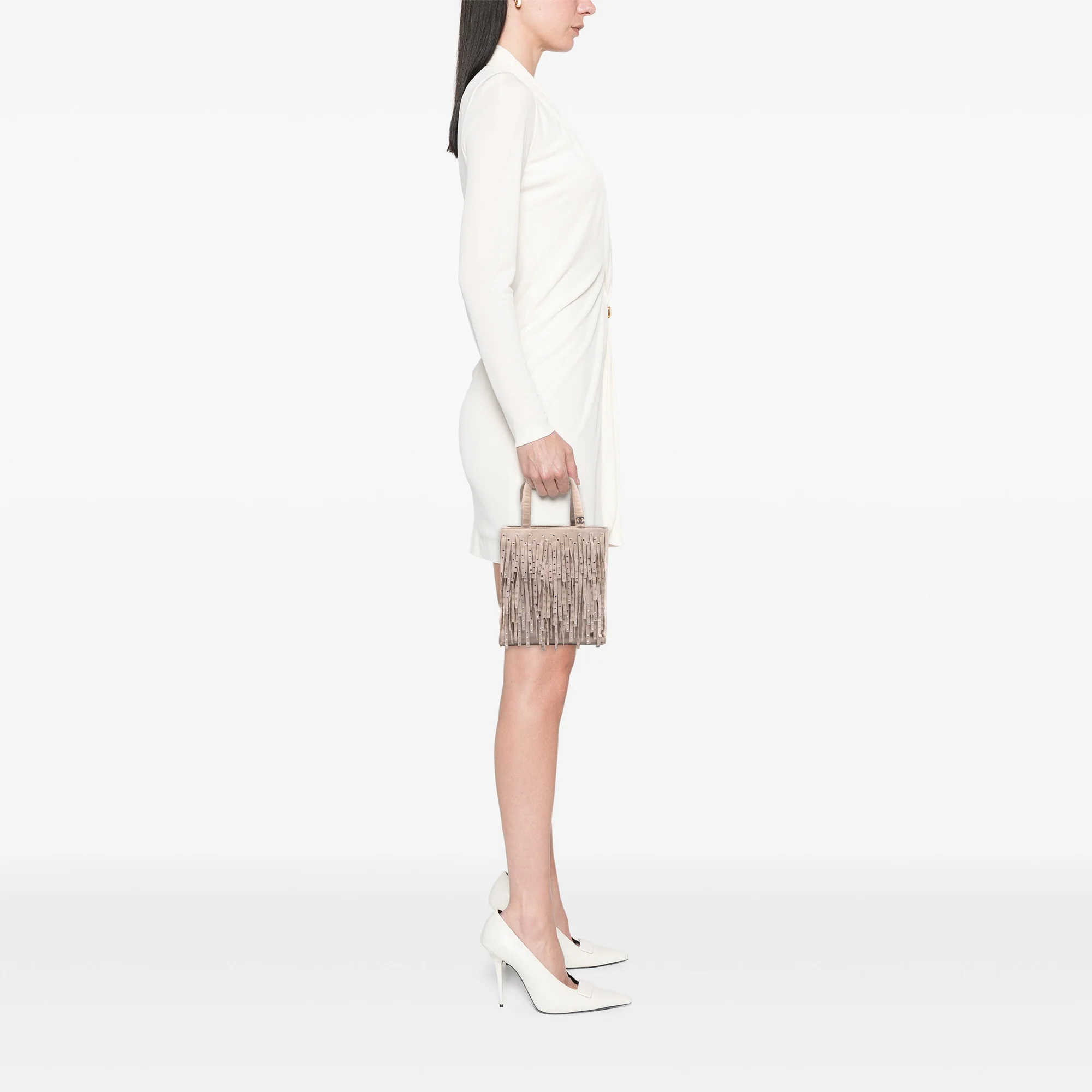 Chanel | Pre-Owned Mini Suede Studded Fringe Tote | Brown/Light Beige - Image 3