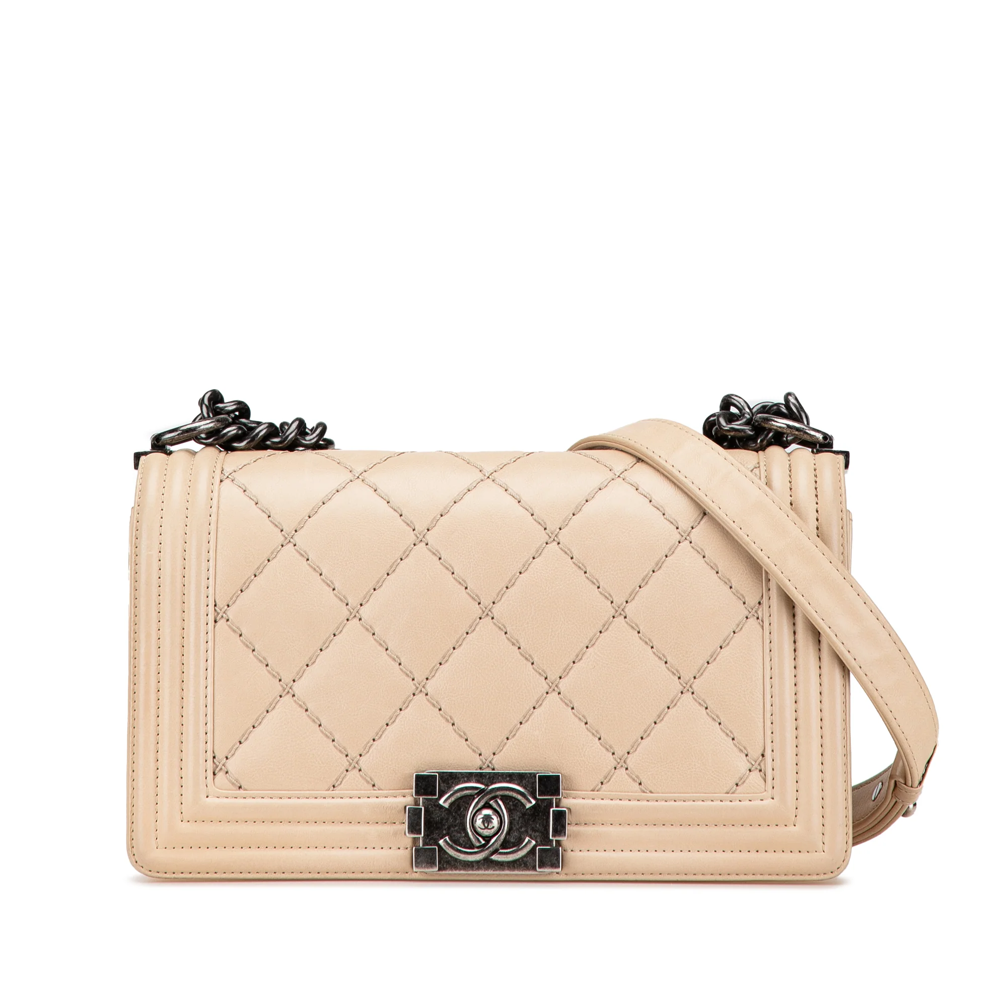 Chanel | Pre-Owned Old Medium Aged Calfskin Double Stitch Boy Flap | Beige