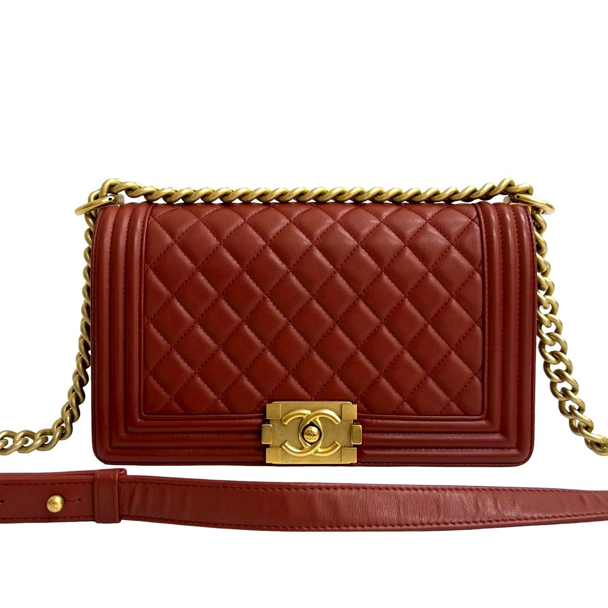 Chanel | Pre-Owned Old Medium Quilted Lambskin Boy Flap | Red/Dark Red