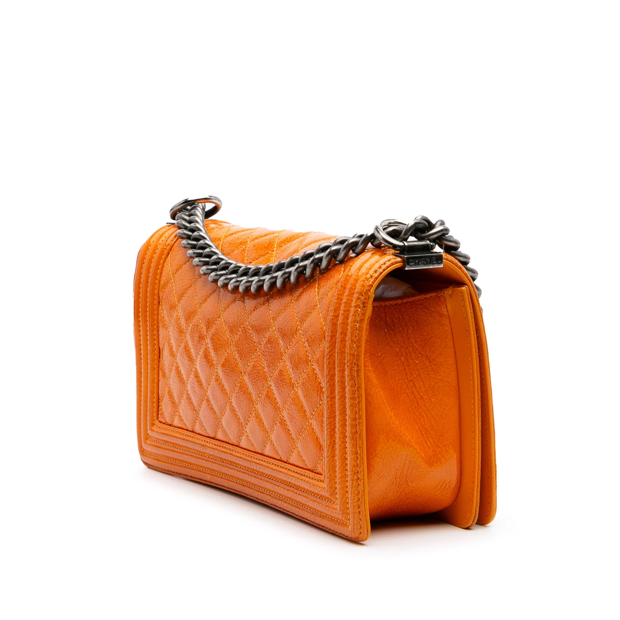 Chanel | Pre-Owned Old Medium Quilted Patent Boy Flap | Orange - Image 2