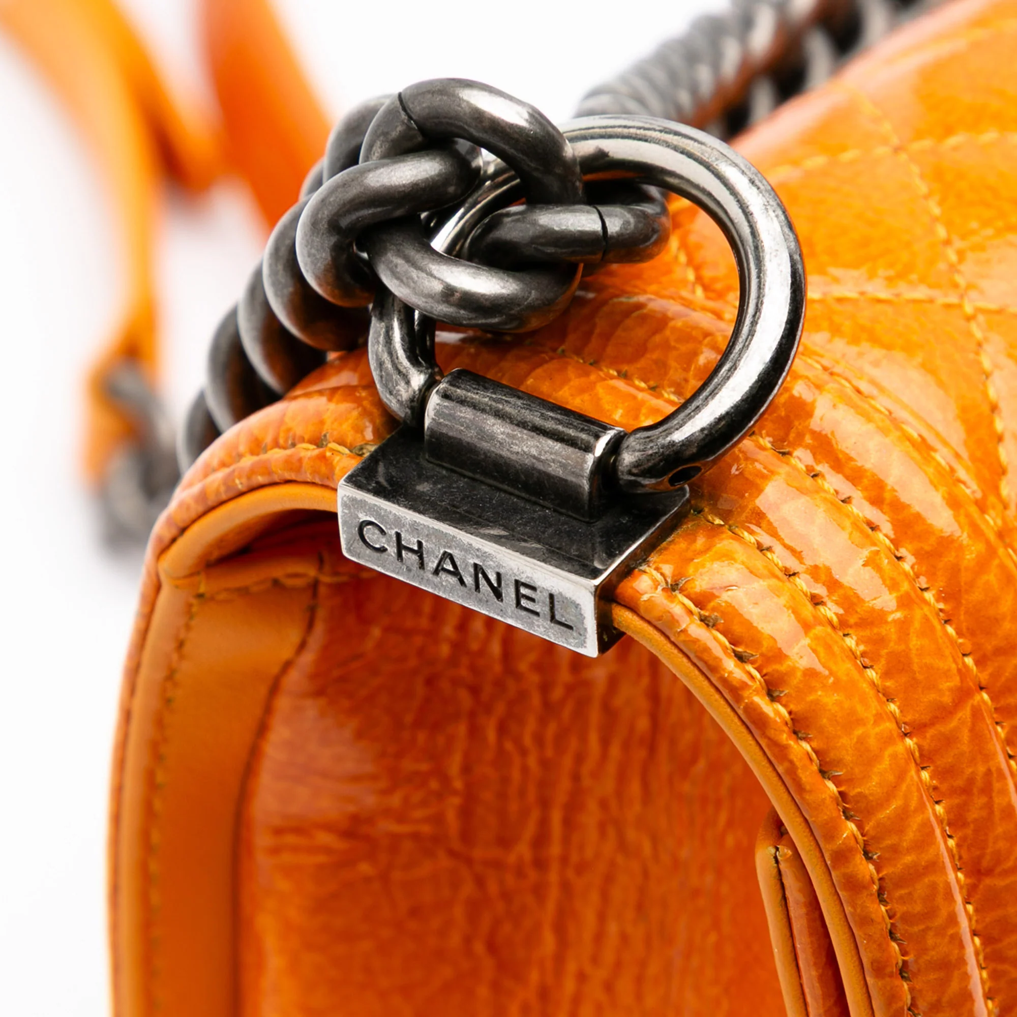 Chanel | Pre-Owned Old Medium Quilted Patent Boy Flap | Orange - Image 7