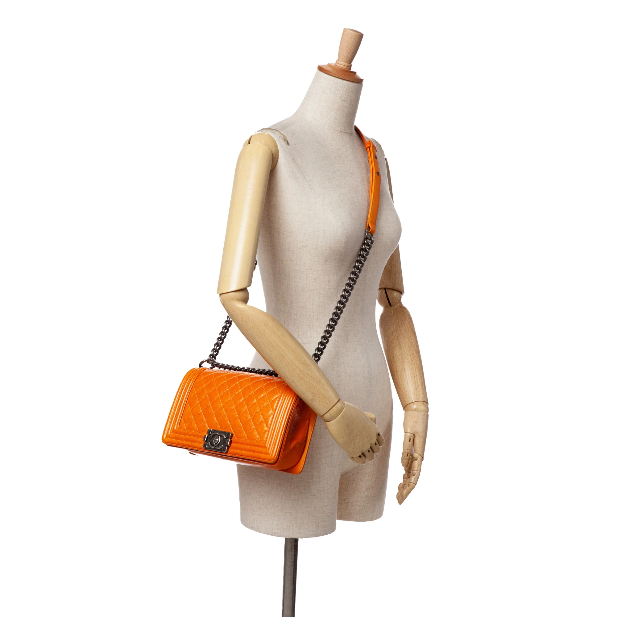 Chanel | Pre-Owned Old Medium Quilted Patent Boy Flap | Orange - Image 9
