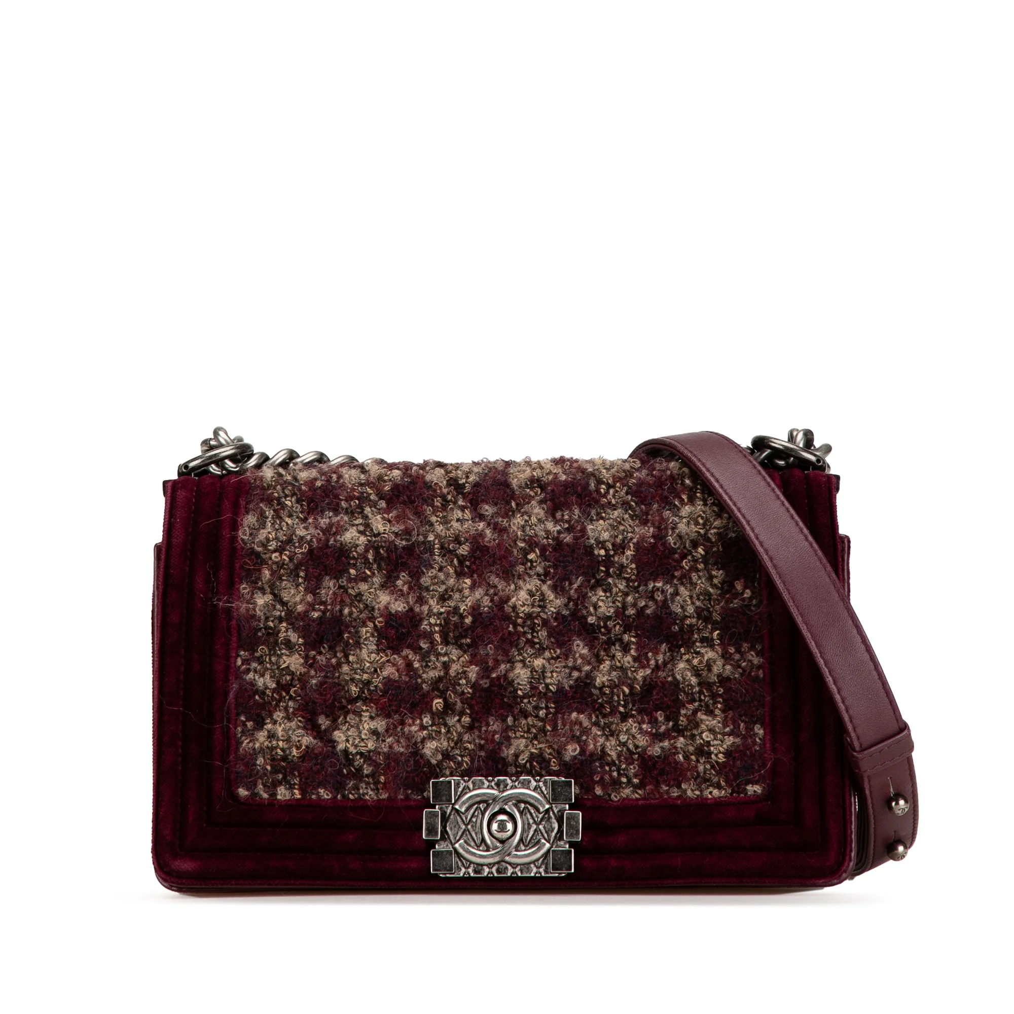 Chanel | Pre-Owned Old Medium Velvet and Tweed Boy Flap - I | Red/Burgundy