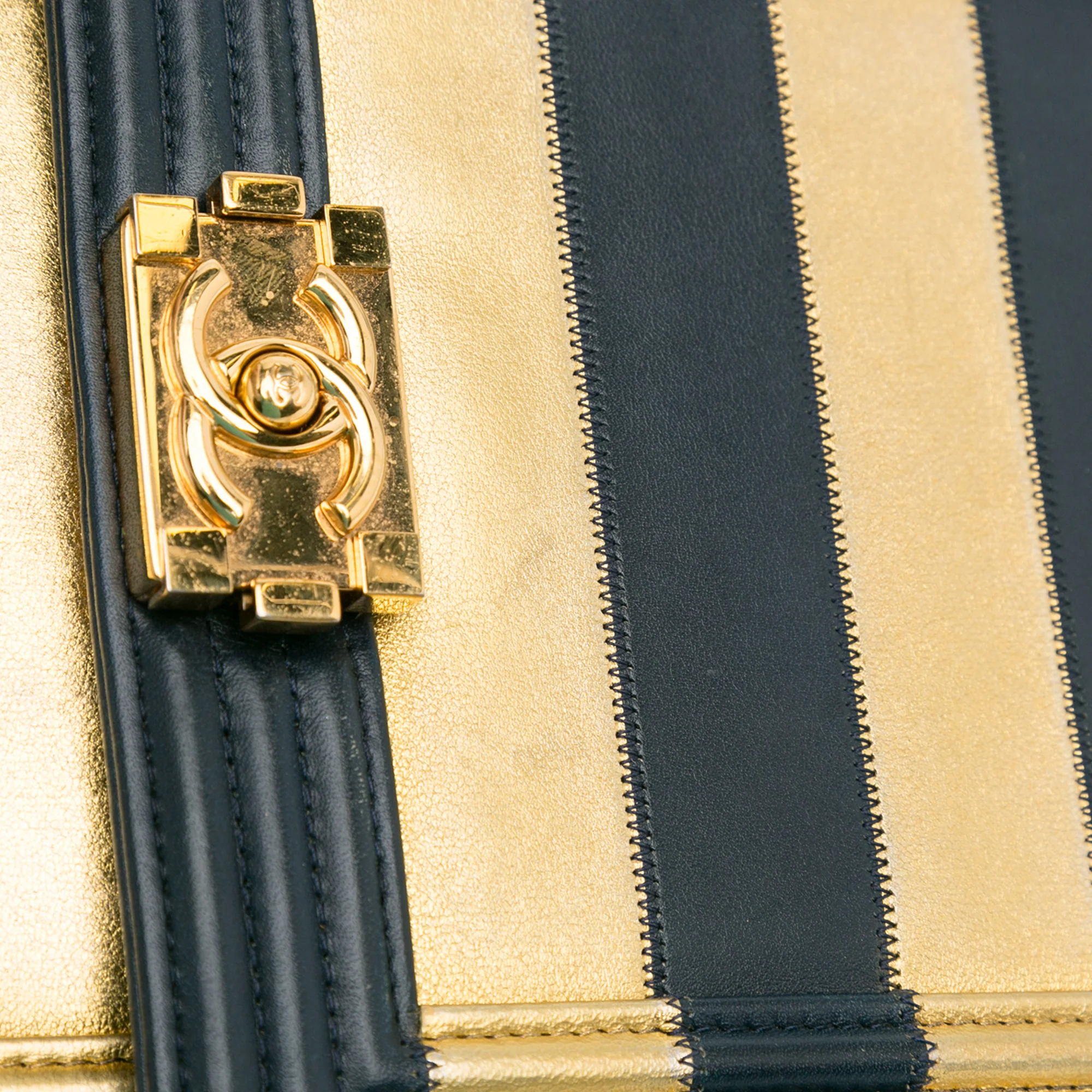 Chanel | Pre-Owned Paris New York Metallic Lambskin Striped North South Boy Flap | Gold - Image 3