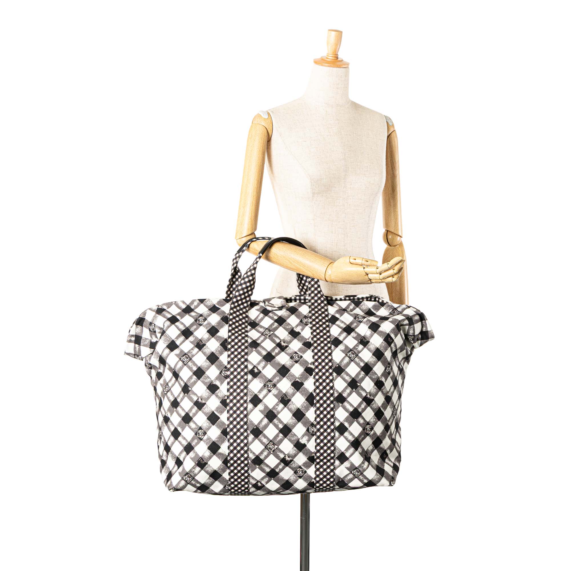 Chanel | Pre-Owned Printed Canvas Gingham Weekender Tote | White - Image 2