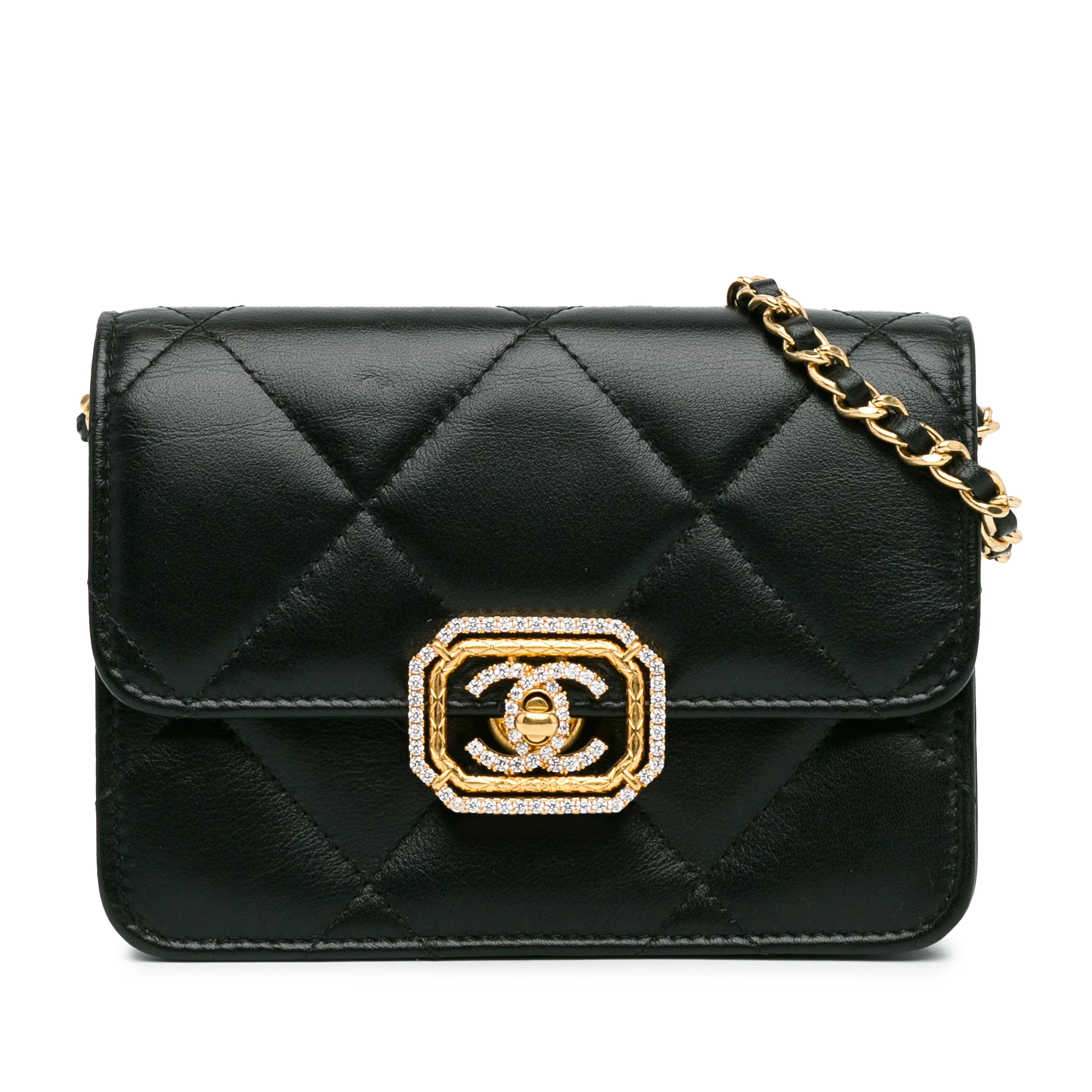 Chanel | Pre-Owned Quilted Calfskin Strass Clutch With Chain Flap | Black
